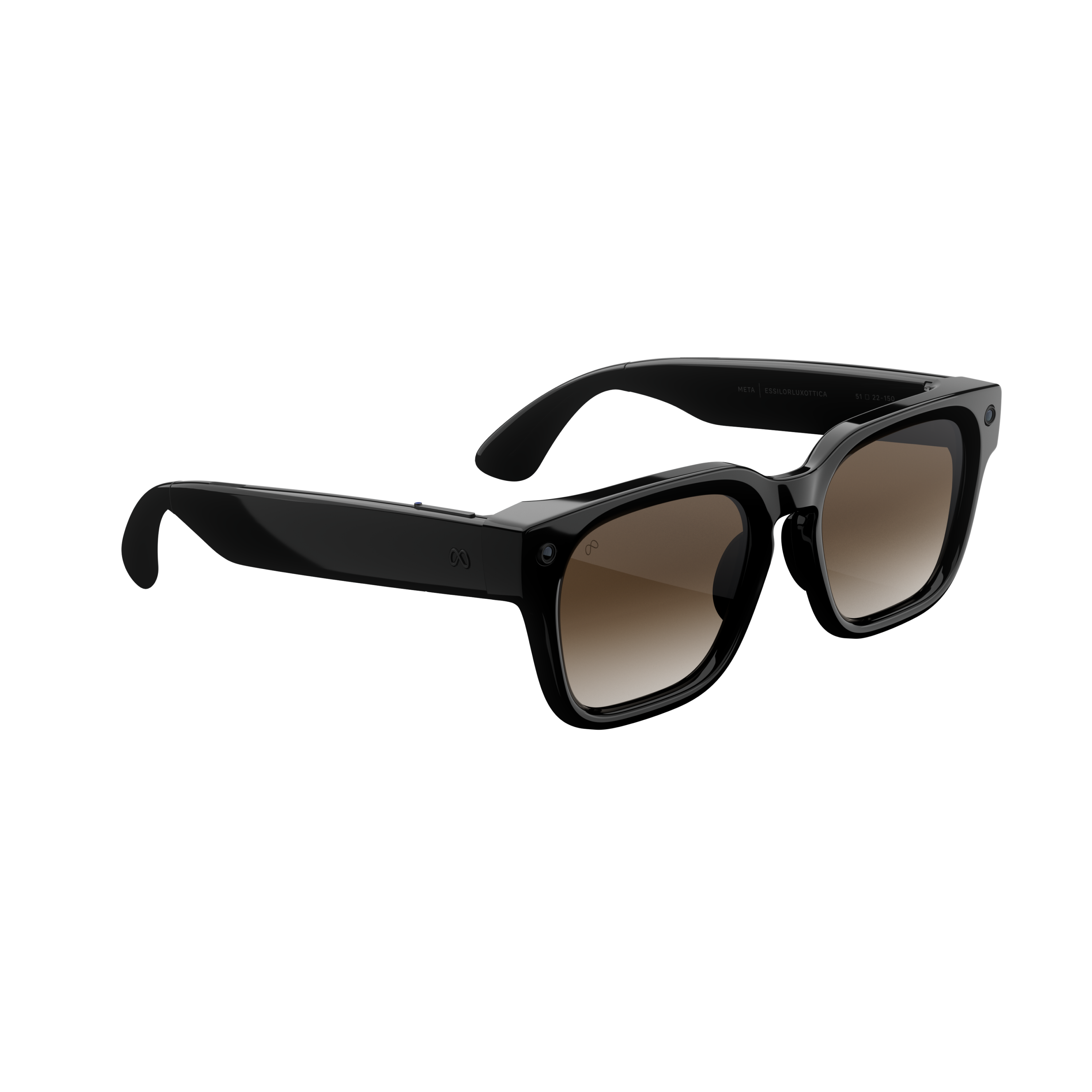 Gafas inteligentes negras con lentes tintadas y montura gruesa sobre fondo negro.