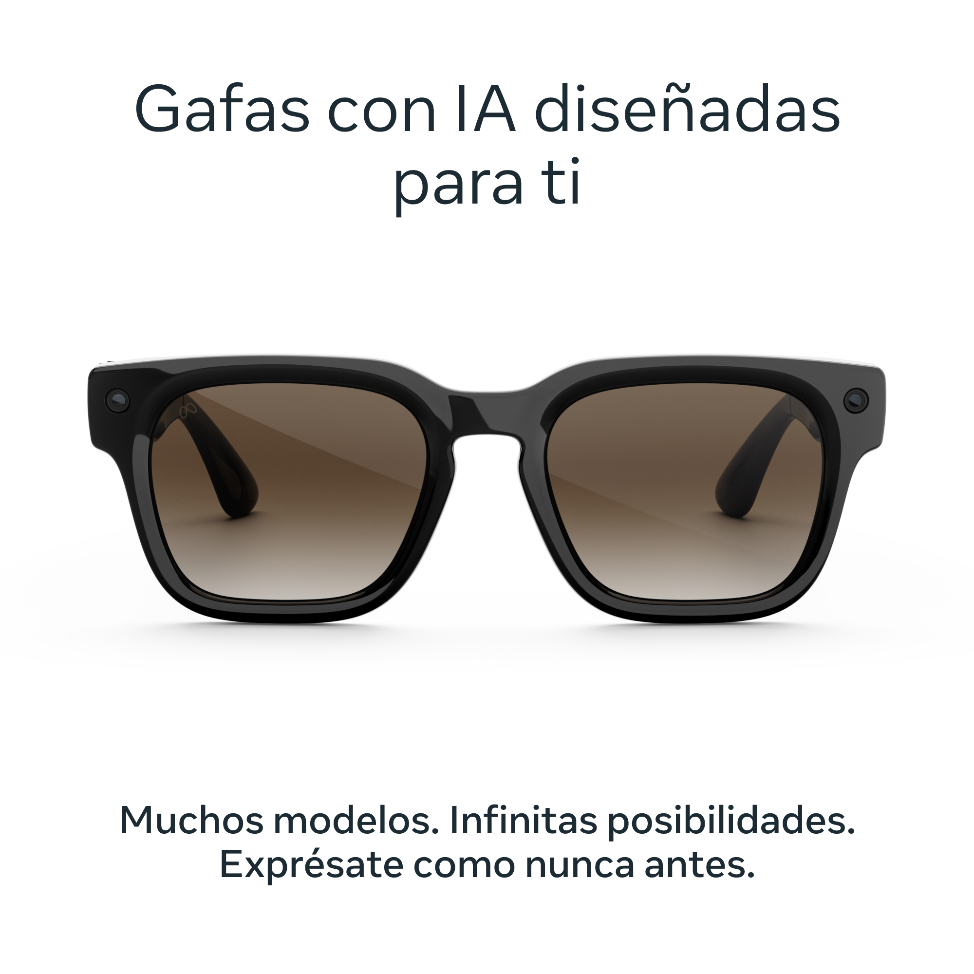 Gafas de sol con IA negras, con cámaras integradas y lentes degradadas sobre fondo blanco.