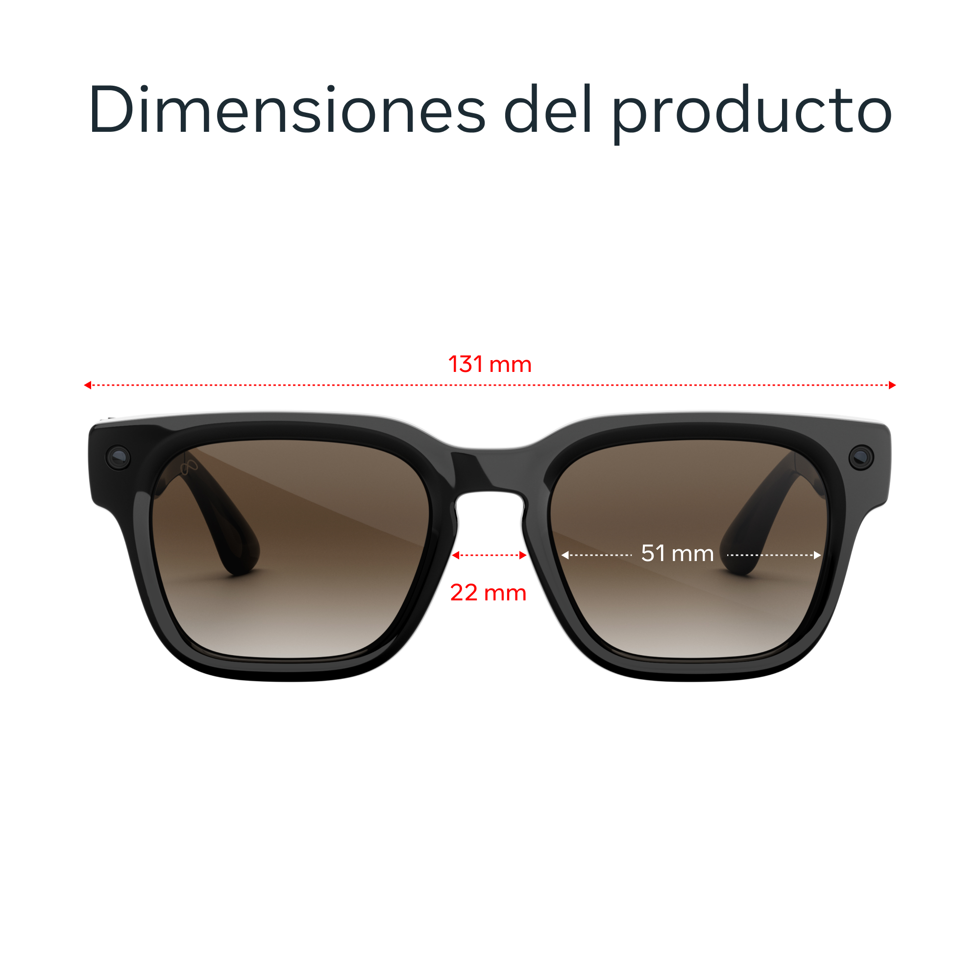 Gafas de sol negras con dimensiones: 131 mm de ancho, 51 mm de lente y 22 mm de puente.