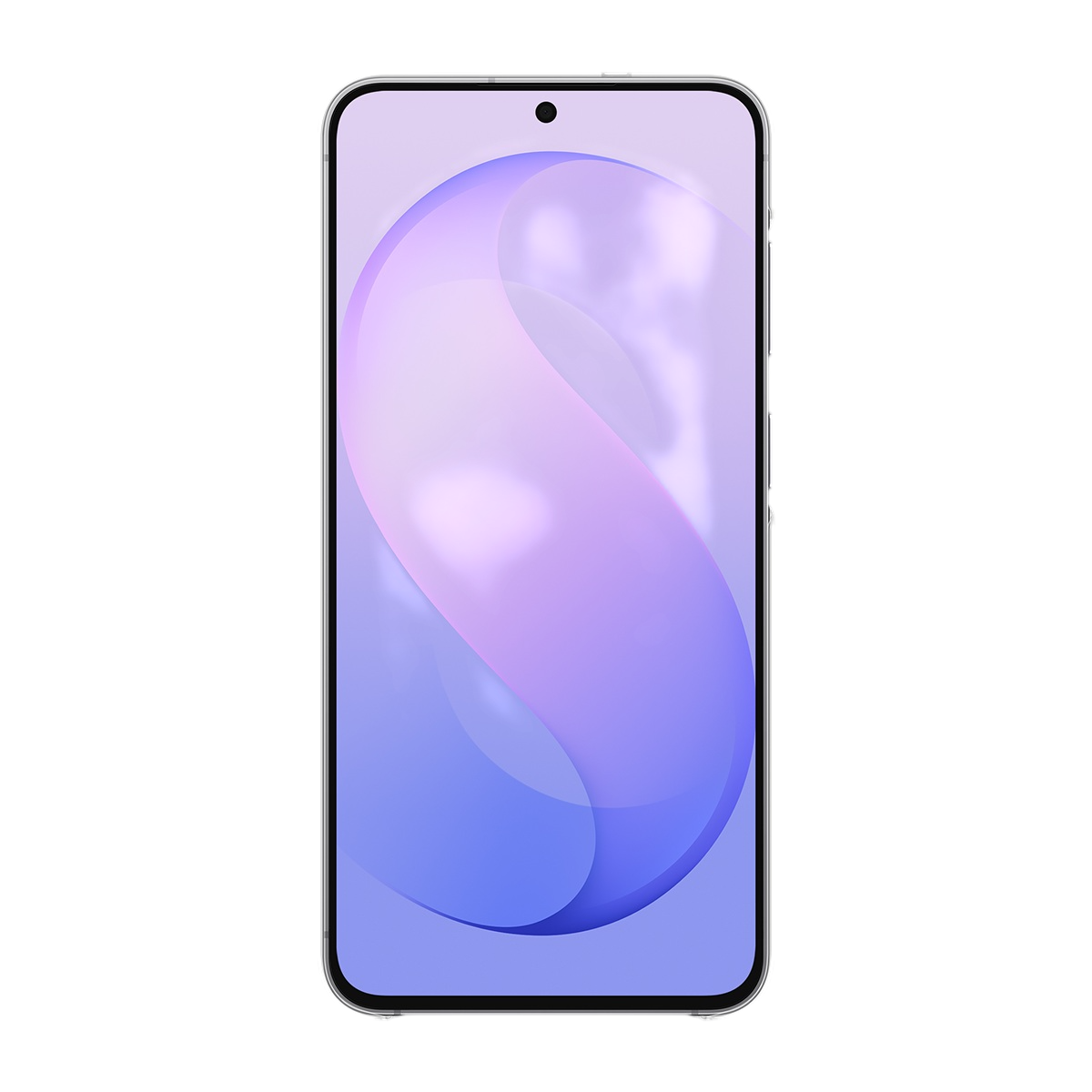 Beyaz bir arka plan üzerinde ekranda parlak mor ve mavi soyut dalga desenine sahip bir akıllı telefon.