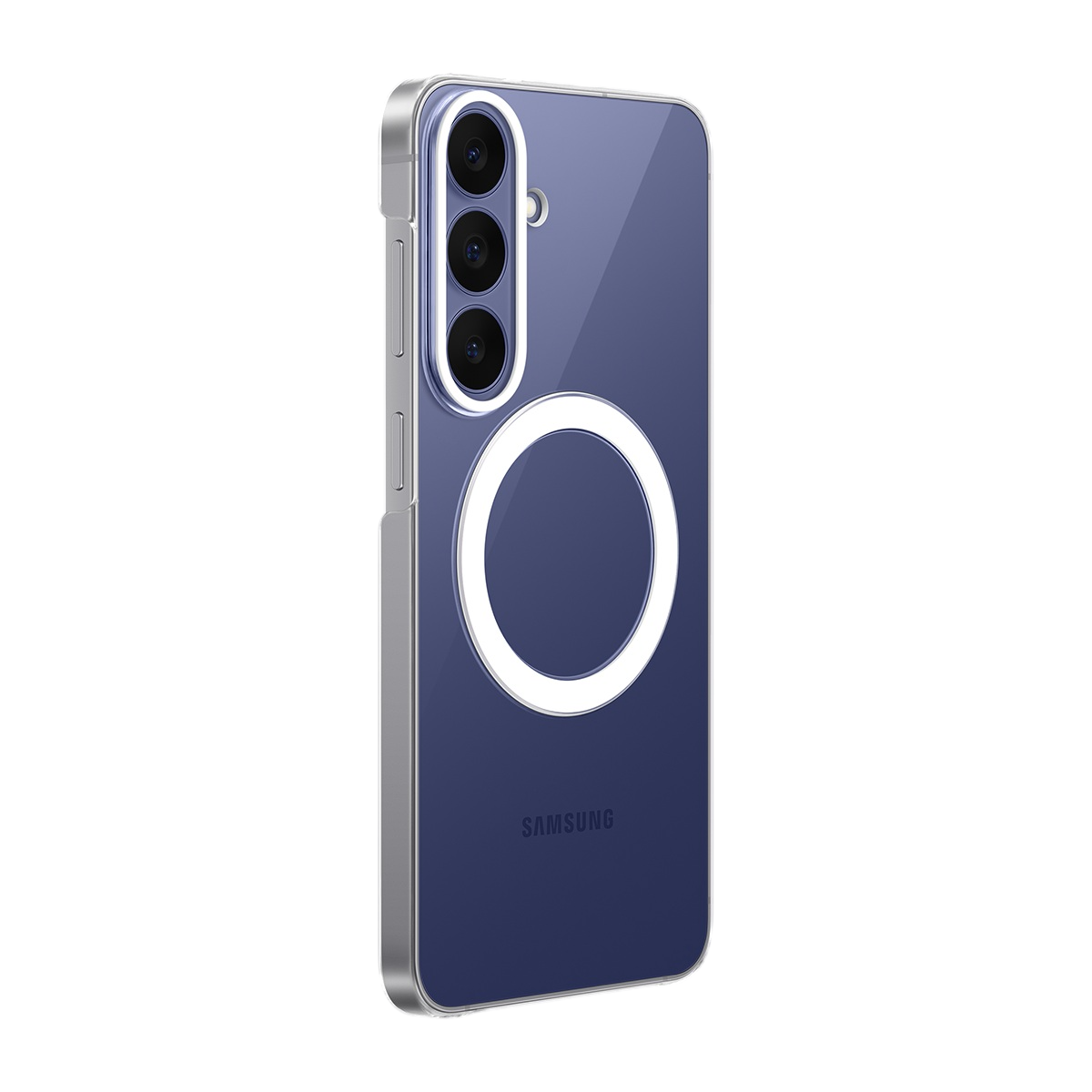 Beyaz arka planda beyaz halkalı ve kamera kesikli mavi Samsung telefon kılıfı.