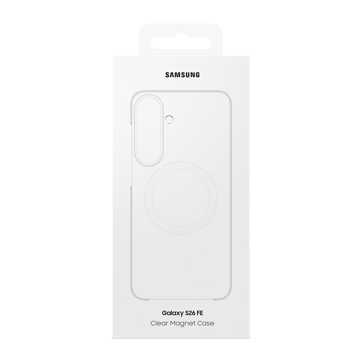Samsung Galaxy S26 FE şeffaf mıknatıslı kılıf için beyaz ürün ambalajı.