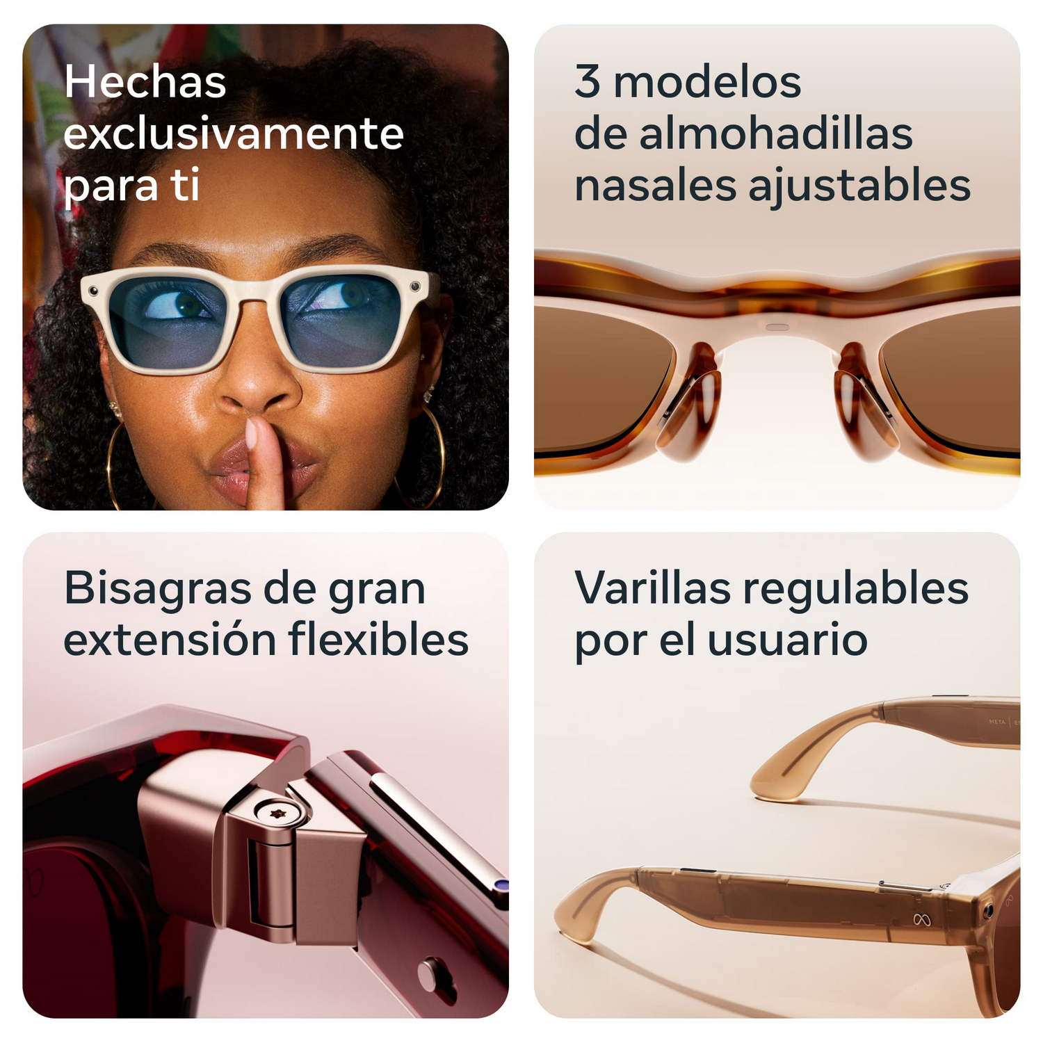 Cuatro imágenes muestran características de gafas: mujer con gafas, almohadillas nasales, bisagras y varillas.