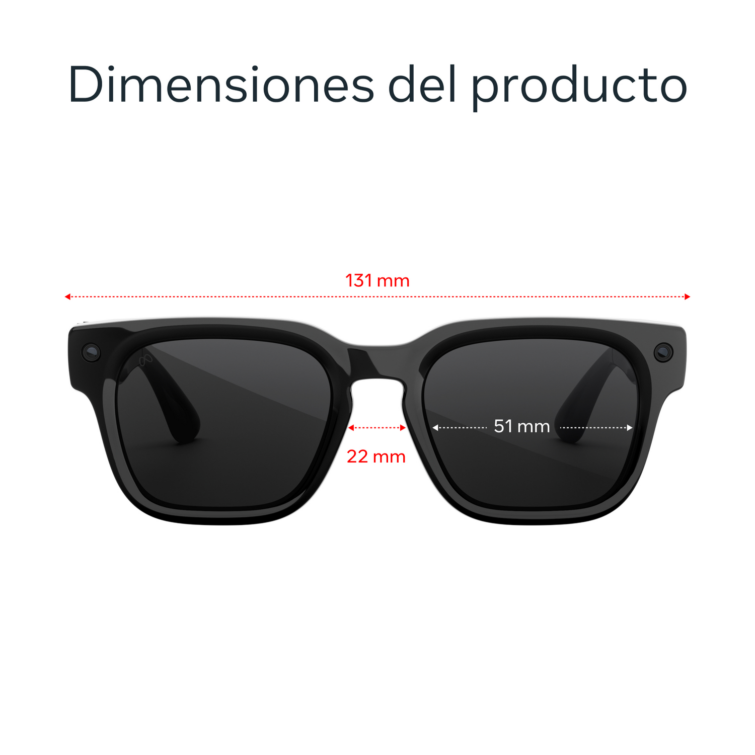 Gafas de sol negras con dimensiones: 131 mm de ancho total, 51 mm de ancho de lente y 22 mm de puente.