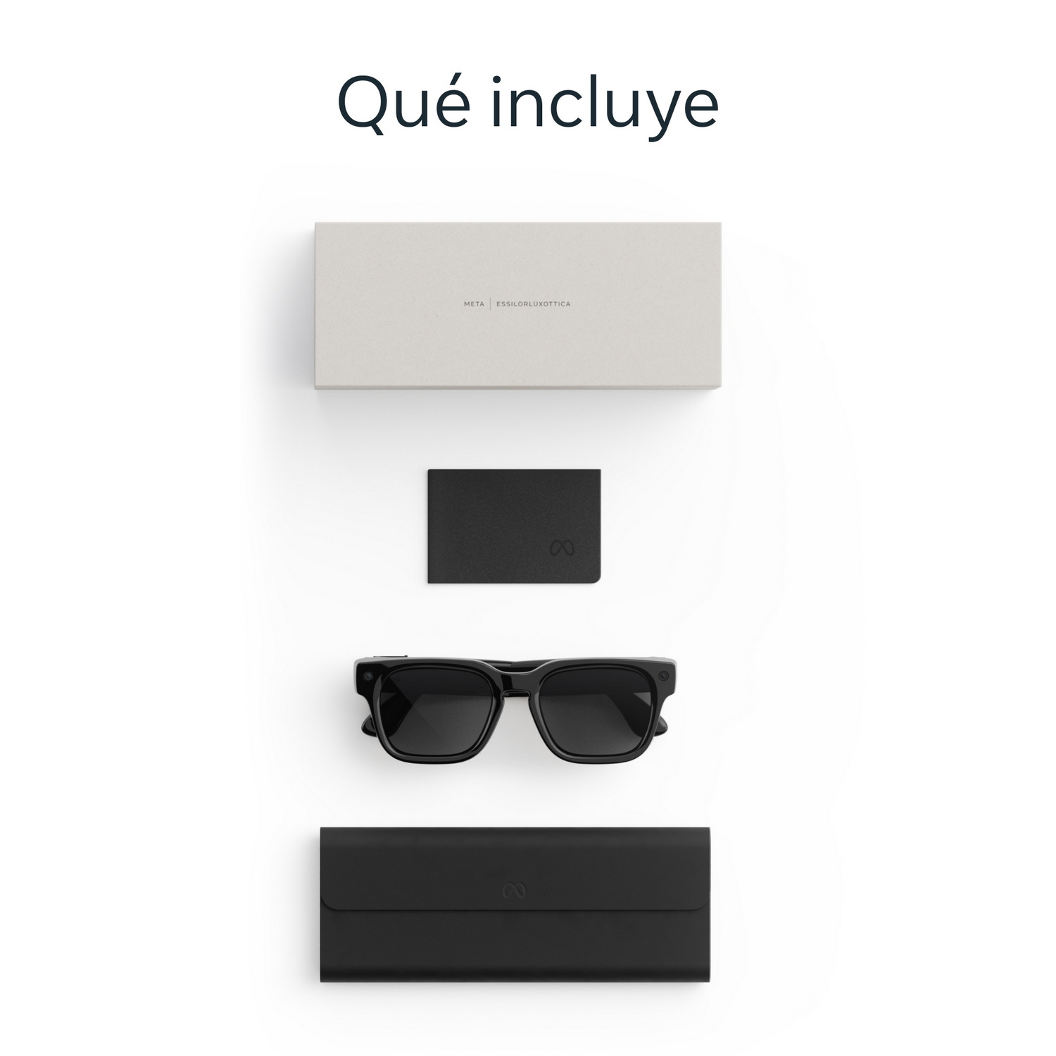 Contenido del paquete con caja Meta EssilorLuxottica, tarjeta negra, gafas de sol y estuche.