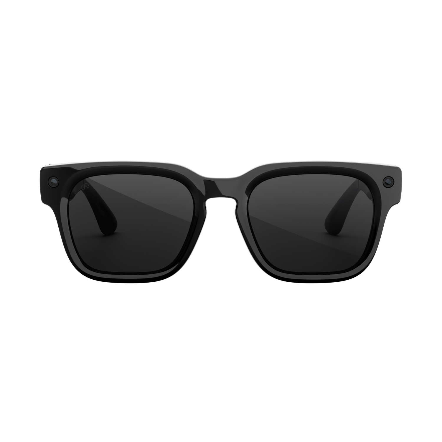 Unas gafas inteligentes negras y brillantes con lentes oscuras orientadas al frente sobre fondo negro.