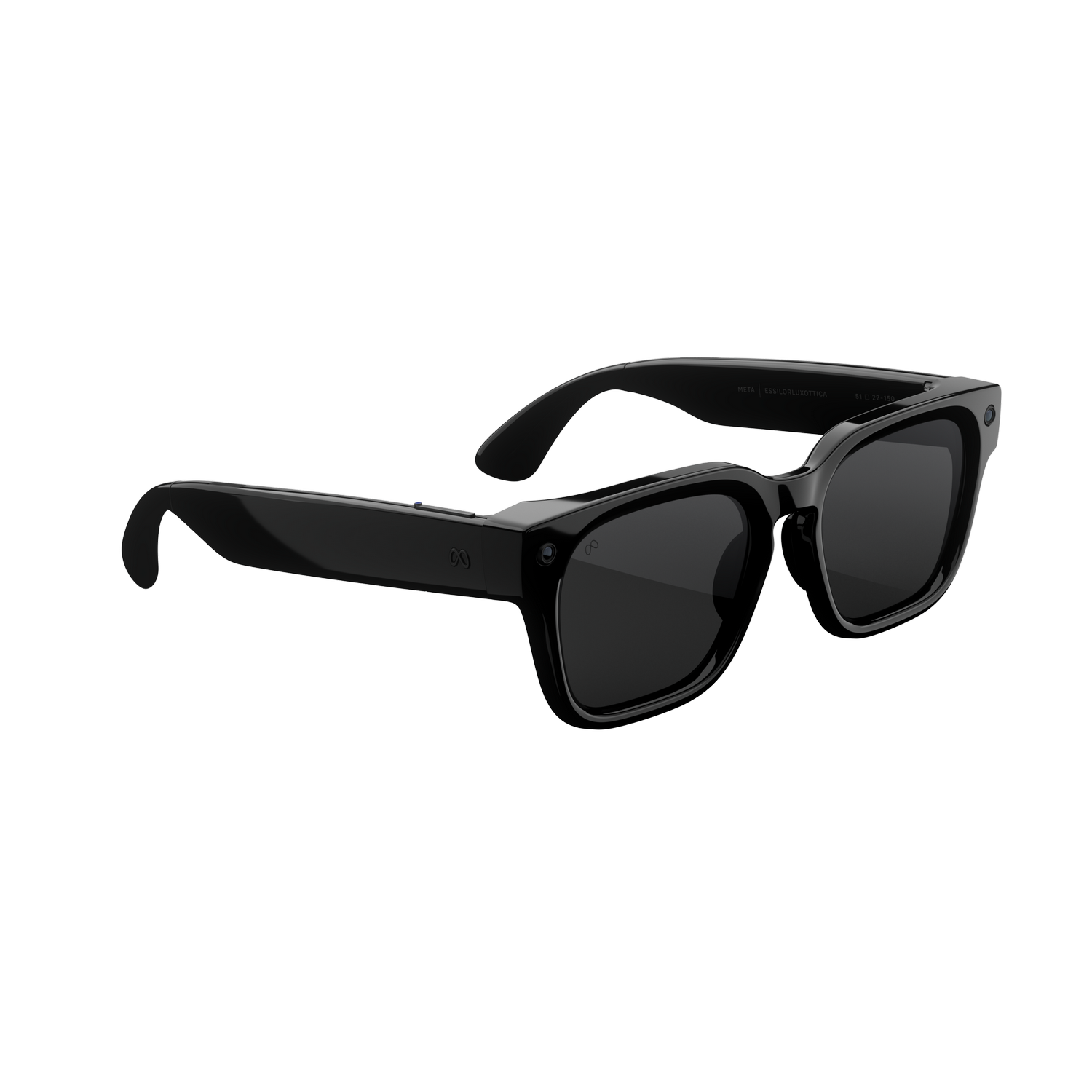 Un par de gafas inteligentes negras y elegantes con monturas gruesas y lentes oscuras sobre fondo negro.
