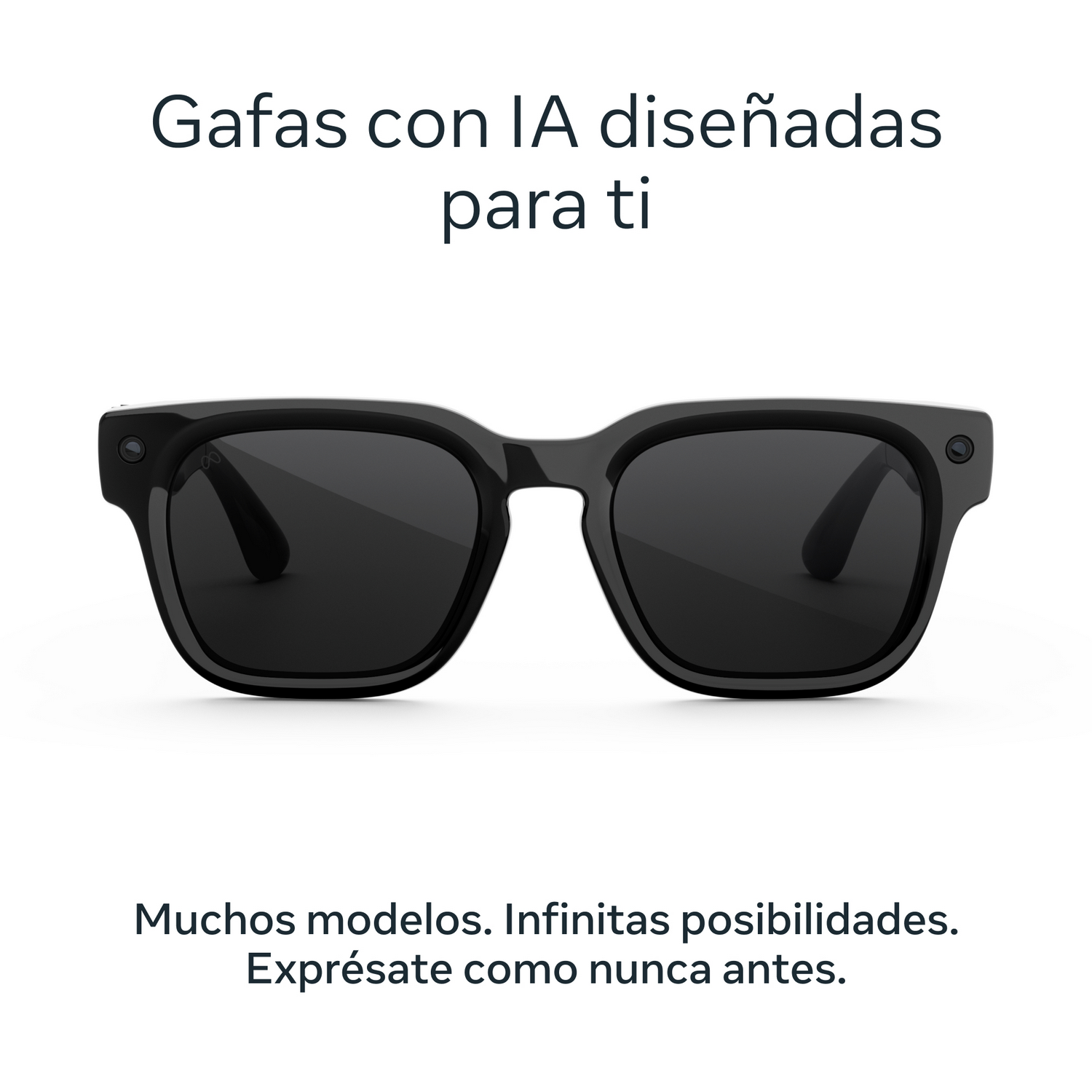 Gafas de sol con IA negras con cámaras integradas y texto publicitario.