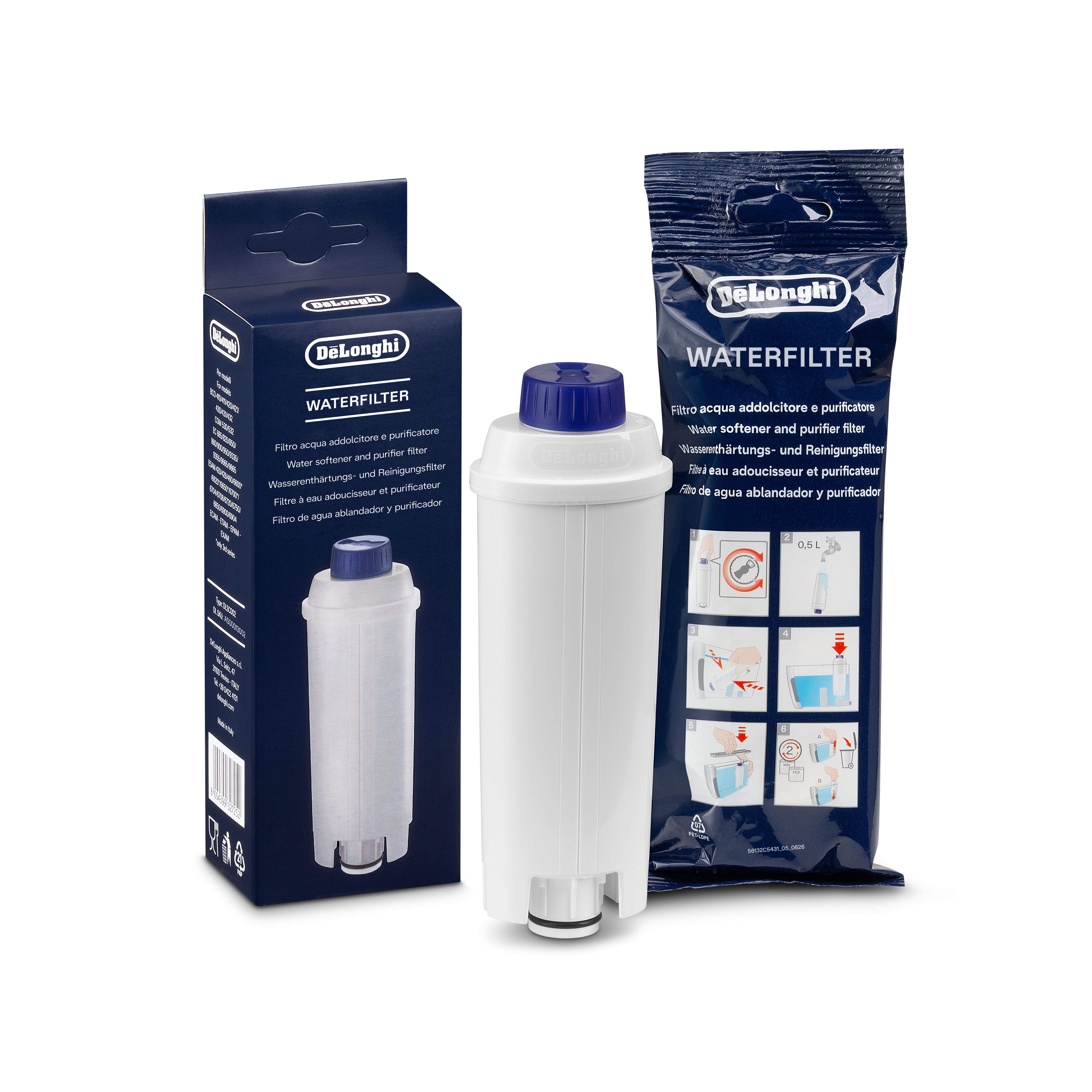 Ein weißer DeLonghi-Wasserfilter steht zwischen seiner offenen Pappverpackung und einer blauen Plastikverpackung.