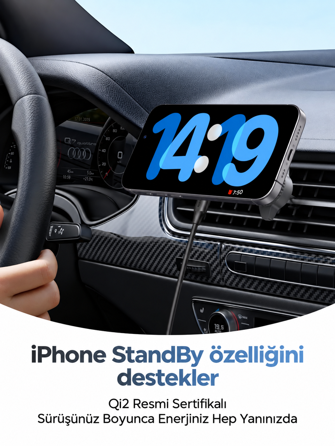 Araç havalandırmasına takılı akıllı telefon, 14:19 saatini gösteren büyük mavi dijital saat.