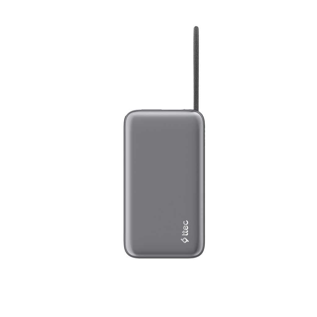 Siyah arka plan üzerinde beyaz ttec logolu ve askı ipine sahip gri renkli powerbank.