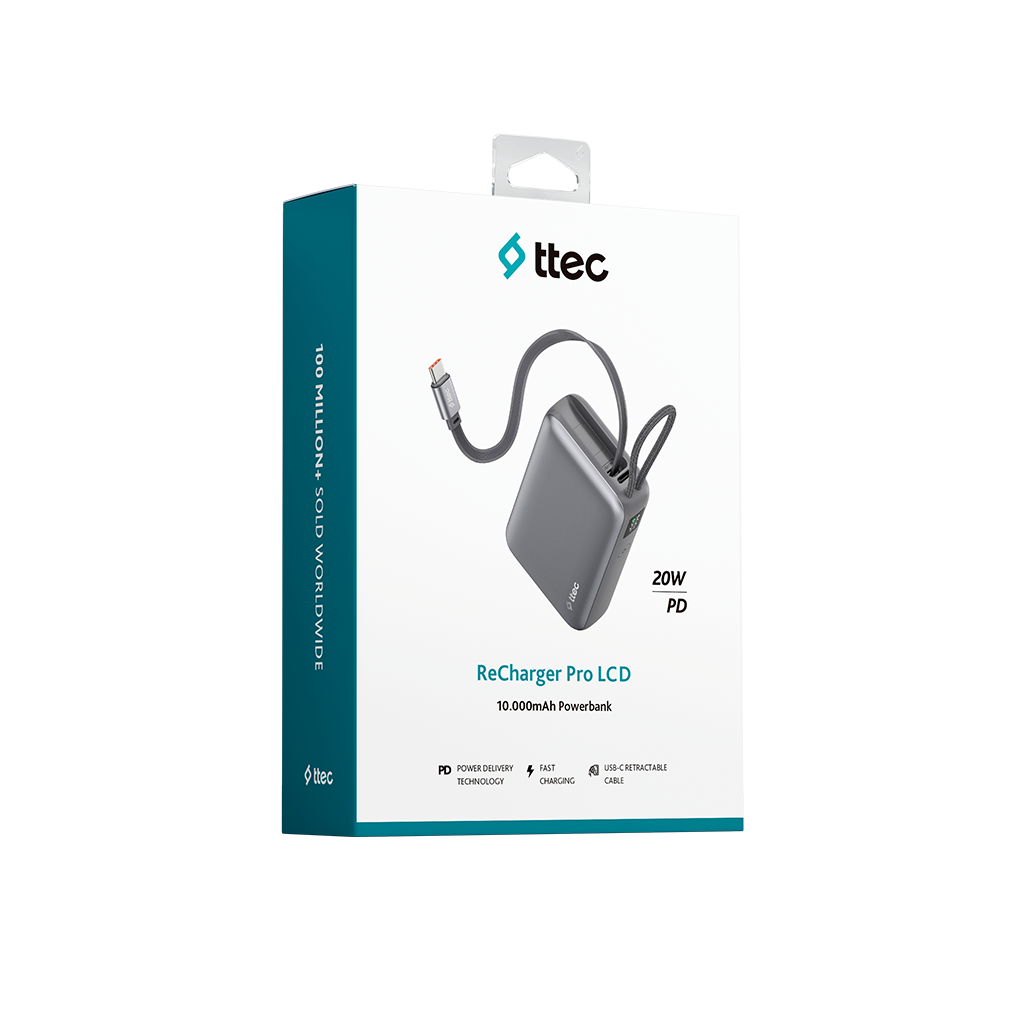 Siyah arka planda entegre kablolu ttec ReCharger Pro LCD 10.000mAh powerbank ambalajı.