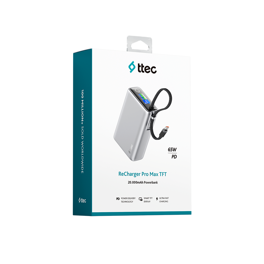 20.000 mAh kapasiteli ve dahili kablolu ttec ReCharger Pro Max TFT powerbank ürün ambalajı.