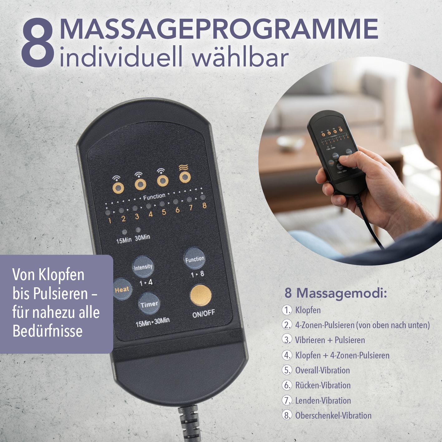 Schwarze Massage-Fernbedienung mit 8 Programmen und LED-Anzeigen, in Hand gehalten.