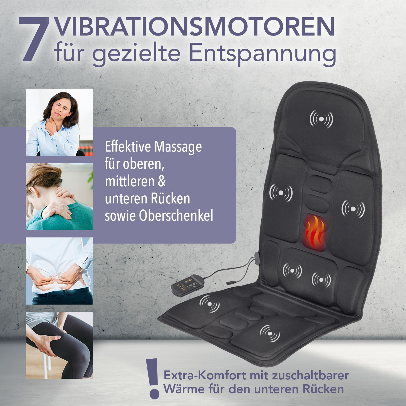 Massage-Sitzauflage mit 7 Vibrationsmotoren, Wärme für den Rücken und vier Anwendungsfotos links.
