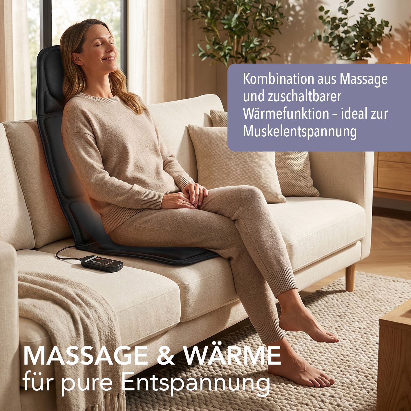Eine Frau sitzt entspannt auf einem hellen Sofa und nutzt eine schwarze Massage-Sitzauflage.