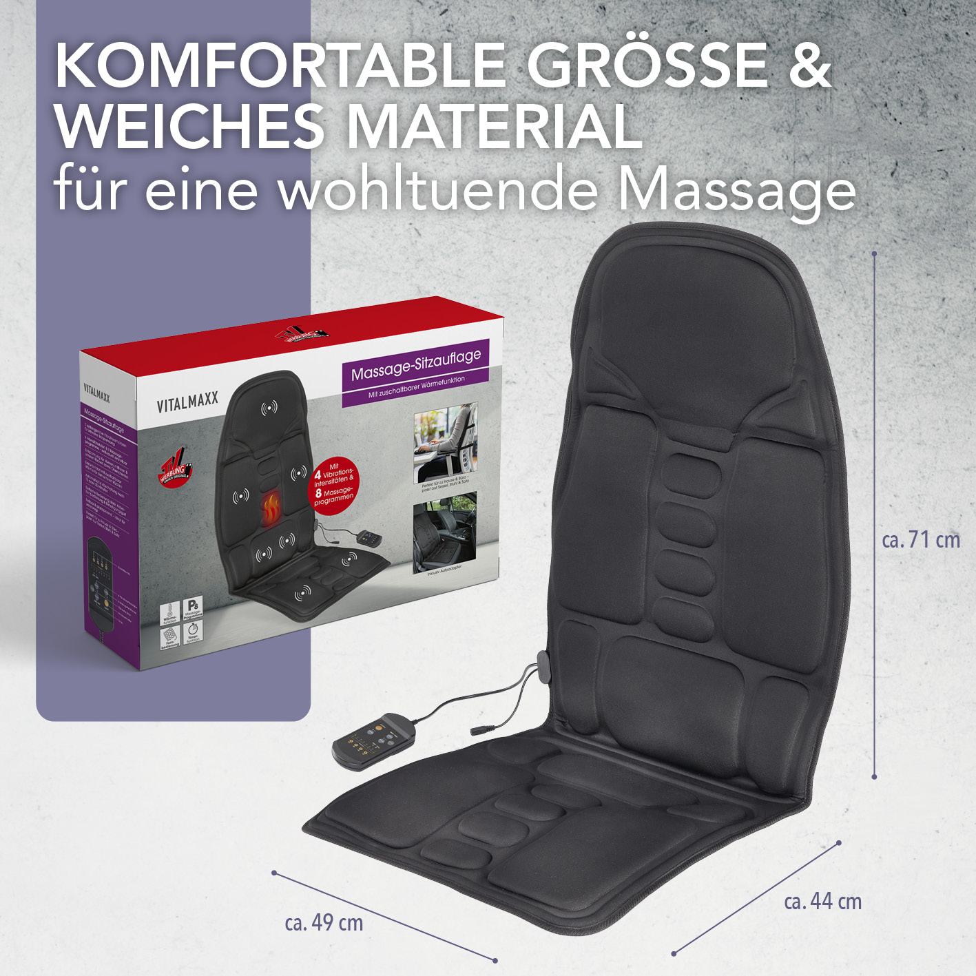 Schwarze Massage-Sitzauflage mit Fernbedienung vor ihrer Verpackung und Maßangaben.