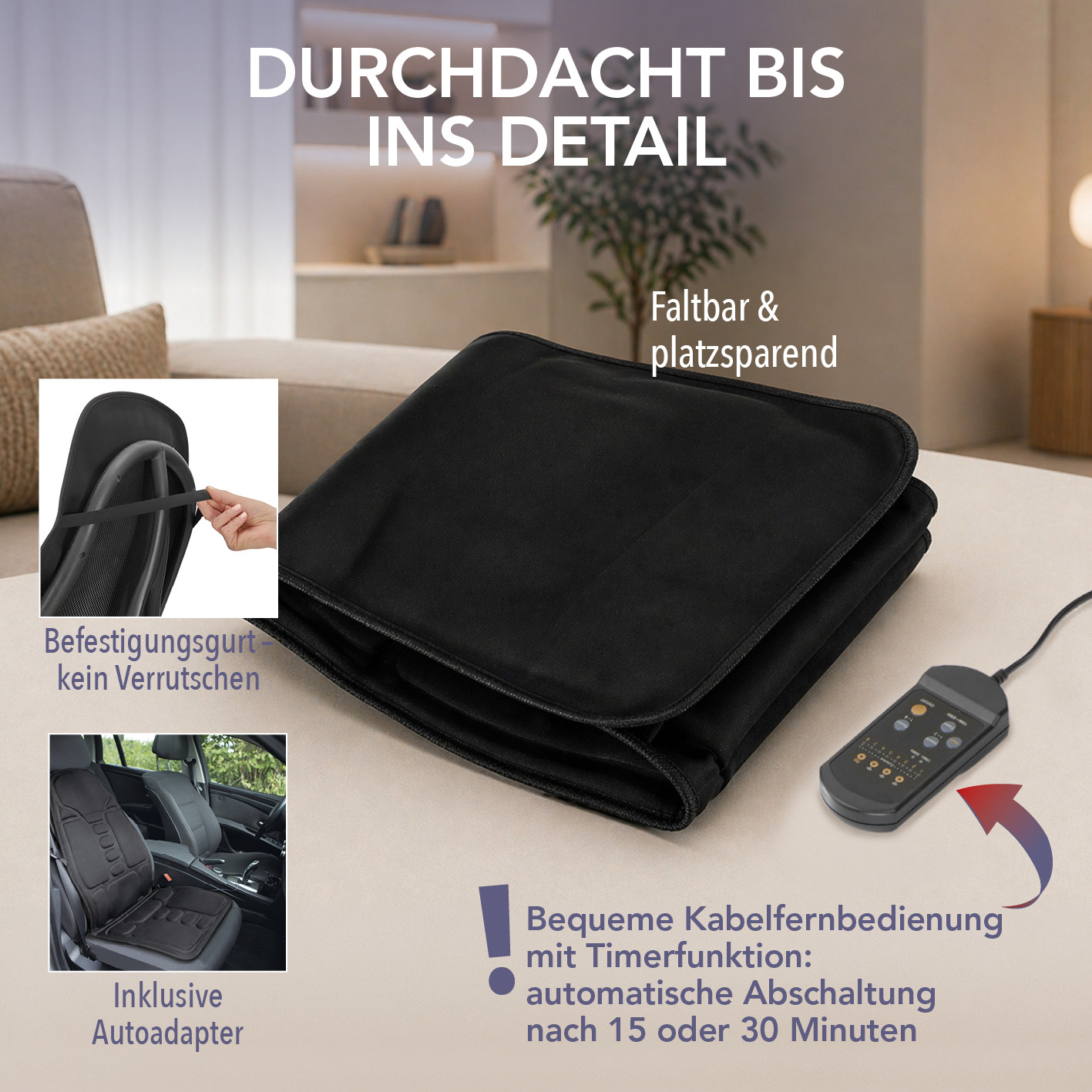 Schwarze faltbare Massageunterlage mit Fernbedienung und Insets für Gurt und Autoverwendung.