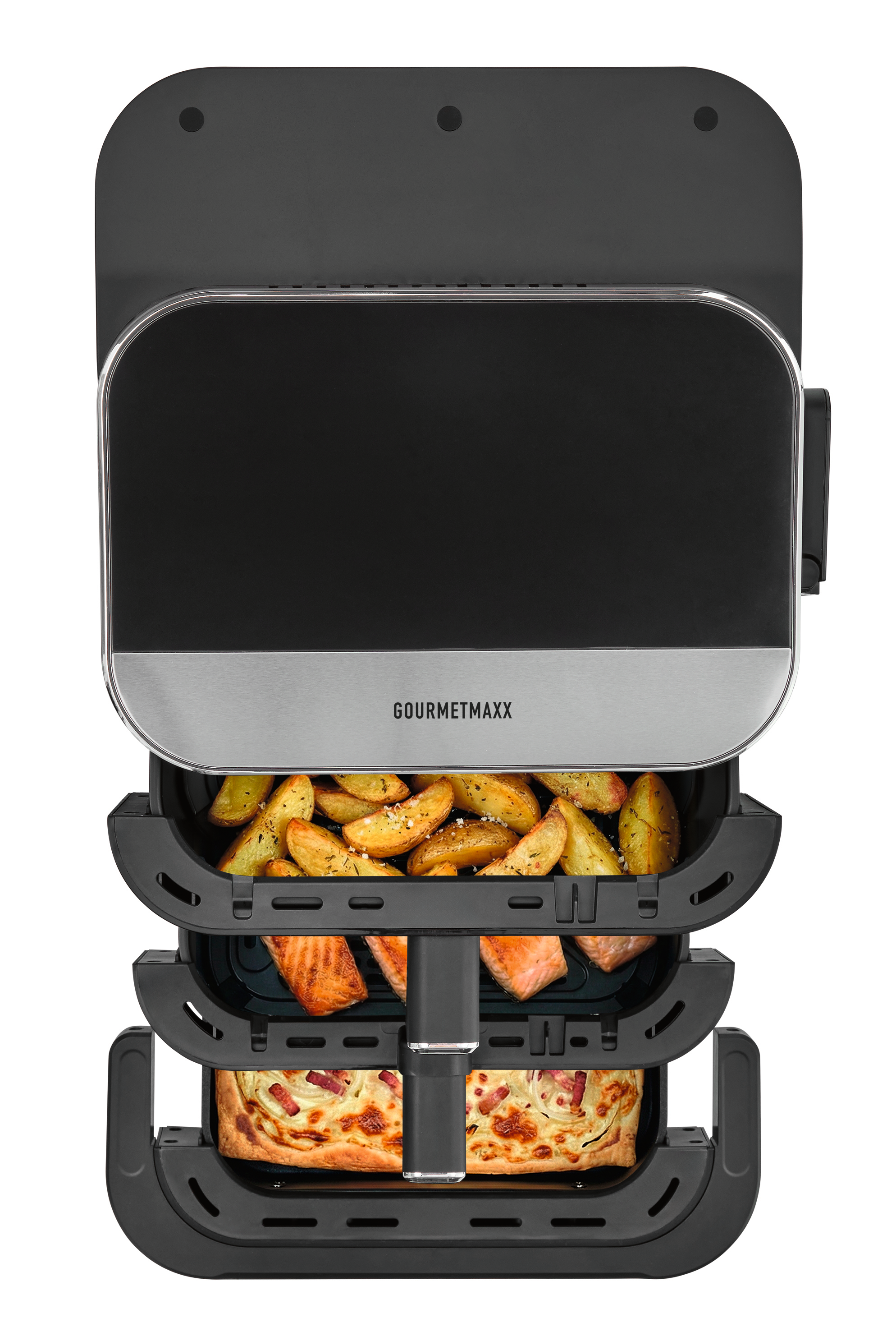Schwarze Gourmetmaxx Heißluftfritteuse mit drei Schubladen voller Kartoffelspalten, Lachs und Pizza.