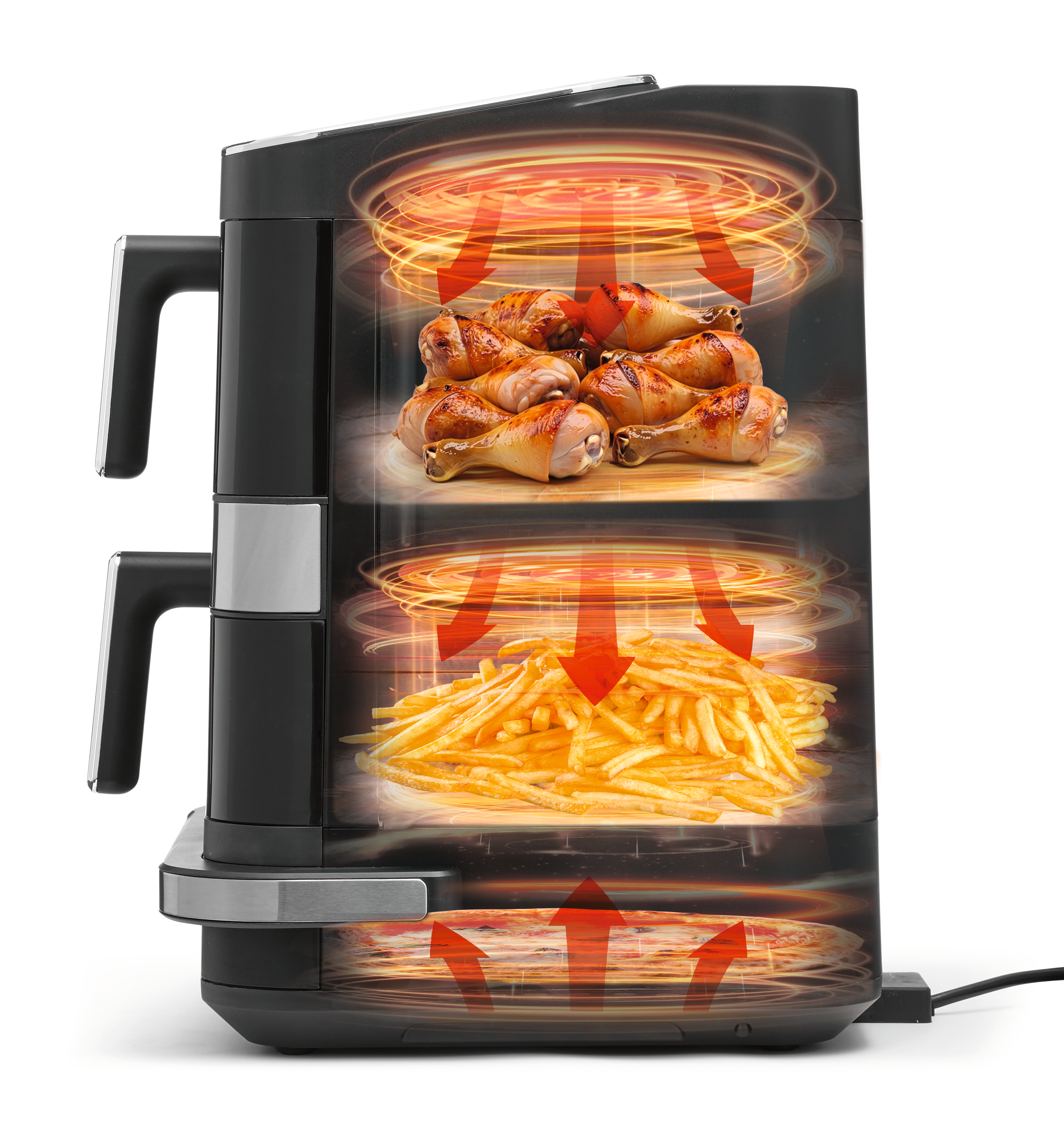 Ein schwarz-silberner Heißluftfritteuse mit zwei Ebenen, die Hähnchenschenkel, Pommes und Pizza und rote Hitzestrahlen zeigen.