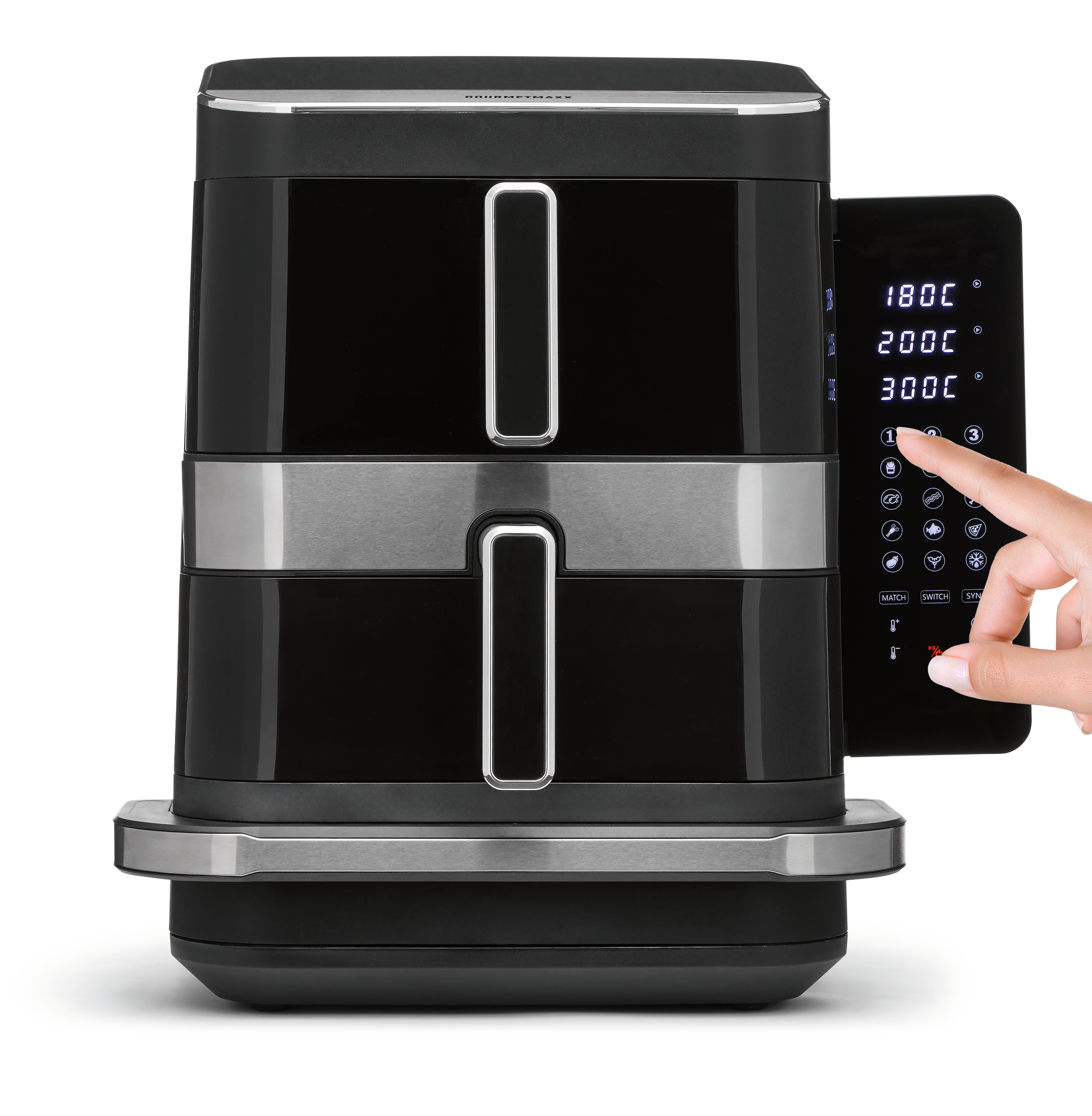 Schwarze Doppel-Heißluftfritteuse mit digitalem Touch-Display und bedienender Hand vor weißem Hintergrund.