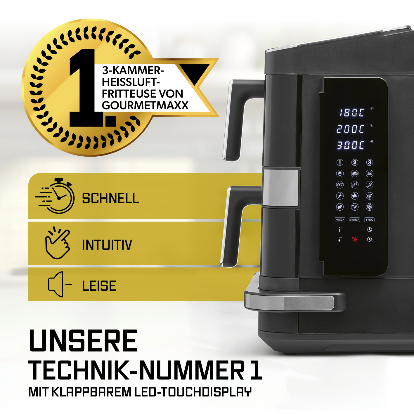 Schwarze Gourmetmaxx 3-Kammer-Heißluftfritteuse mit LED-Touchdisplay und goldenem Nummer-1-Siegel.