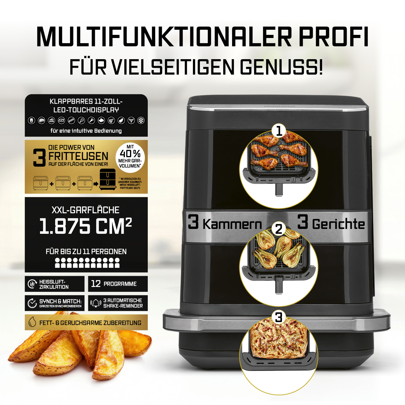 Schwarze Heißluftfritteuse mit drei Kammern und Lebensmitteln in den Schubladen, dazu Text und Pommes.