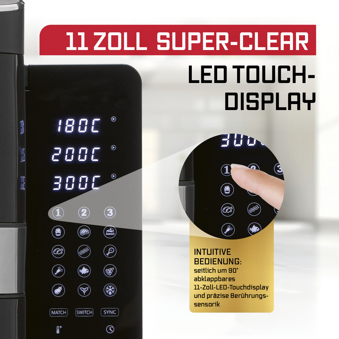 LED-Touch-Display mit intuitiver Bedienung und Touch-Sensorik an einem Küchengerät.
