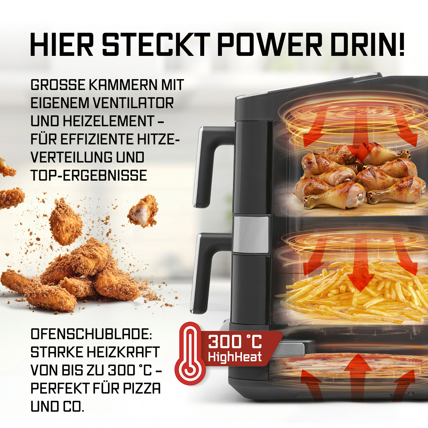 Eine Heißluftfritteuse mit mehreren Fächern zeigt Hähnchen, Pommes und Pizza, mit deutschem Werbetext.