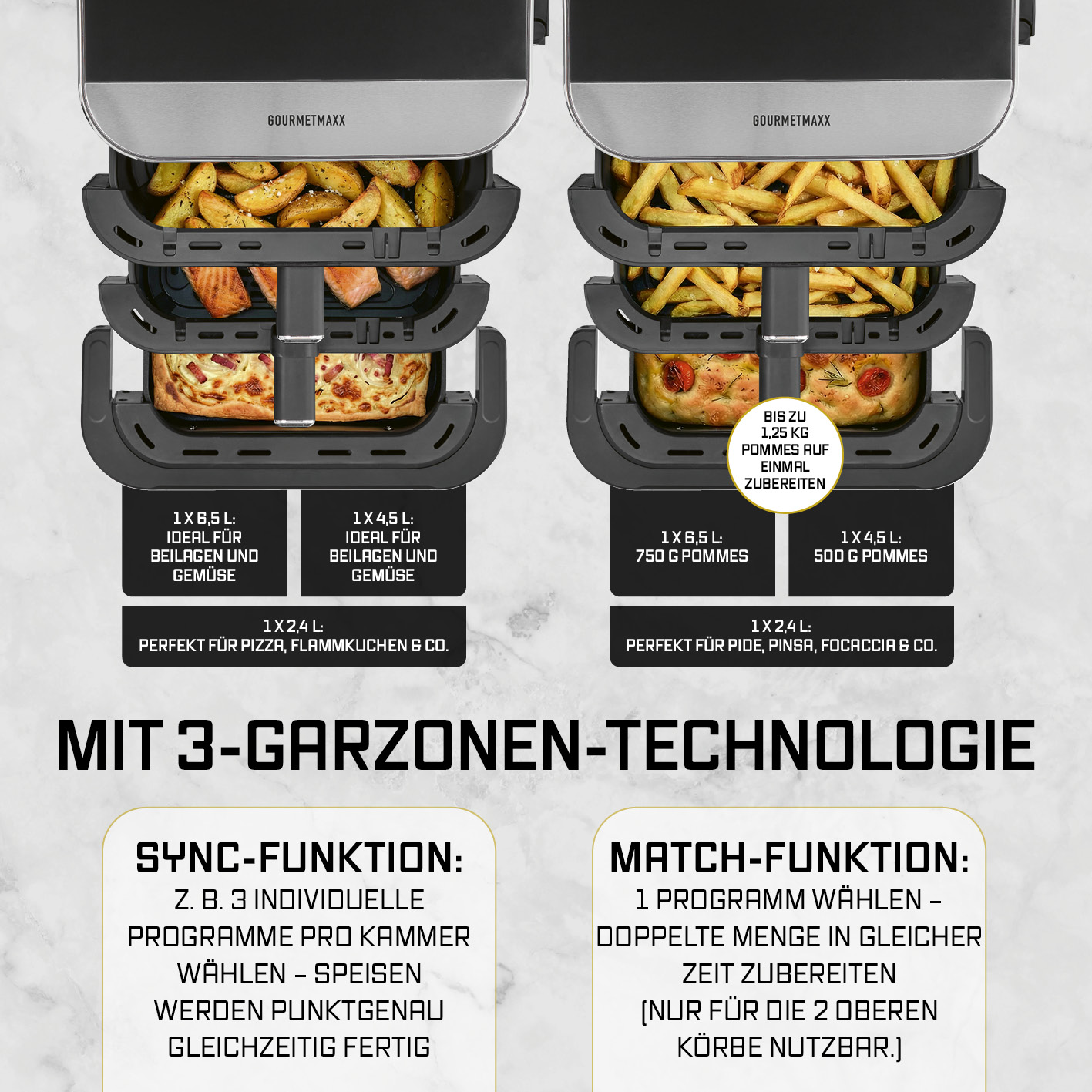 Gourmetmaxx Heißluftfritteuse mit drei Fächern und verschiedenen Speisen wie Pommes, Fisch und Pizza.