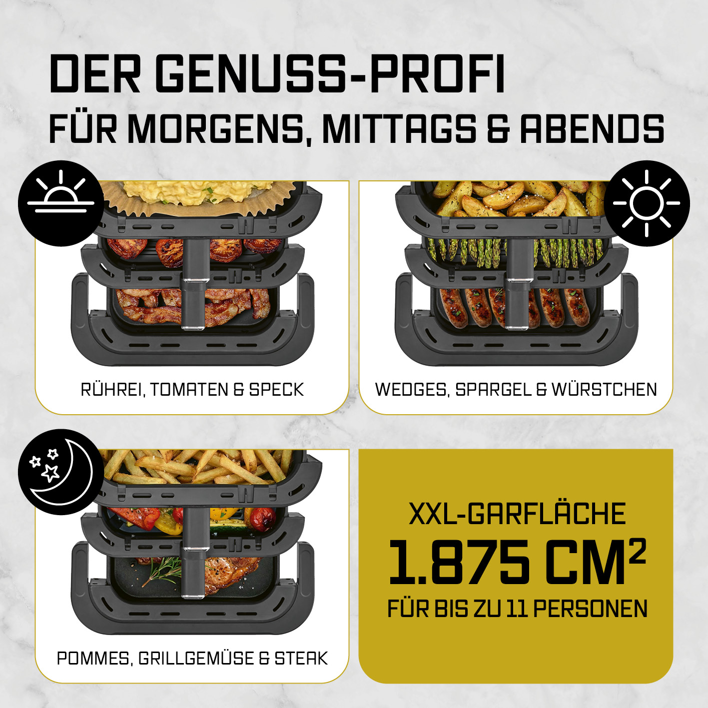 Werbebild für eine Heißluftfritteuse mit drei Etagen und verschiedenen Essenszubereitungen.