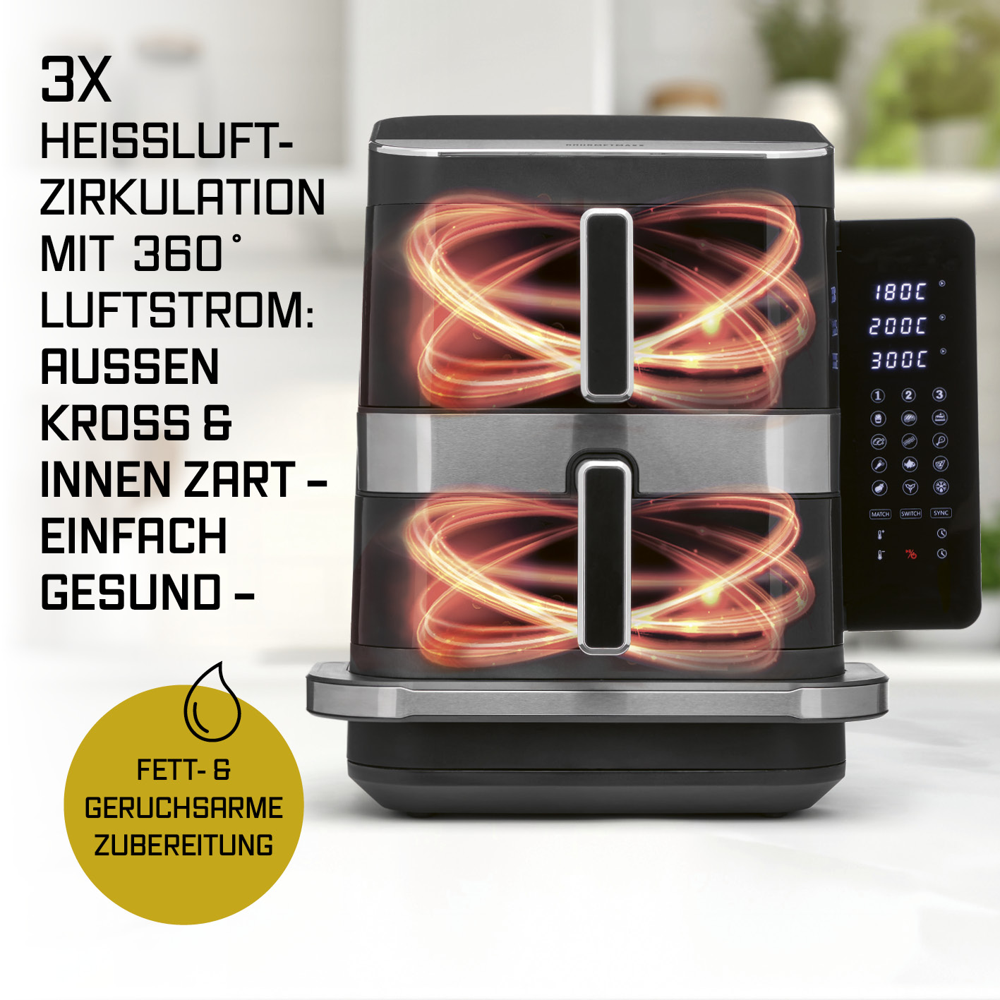 Schwarze Heißluftfritteuse mit zwei Ebenen und digitalem Bedienfeld auf weißer Küchenoberfläche.