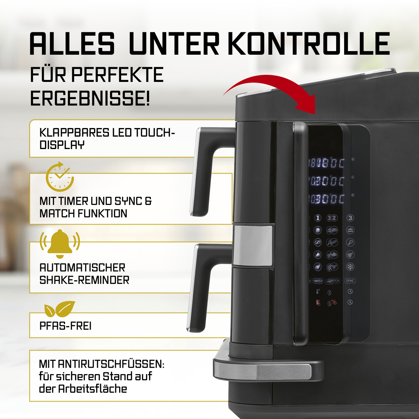 Schwarze Heißluftfritteuse mit klappbarem LED-Touch-Display, Timer und Touch-Bedienfeld auf heller Arbeitsfläche.