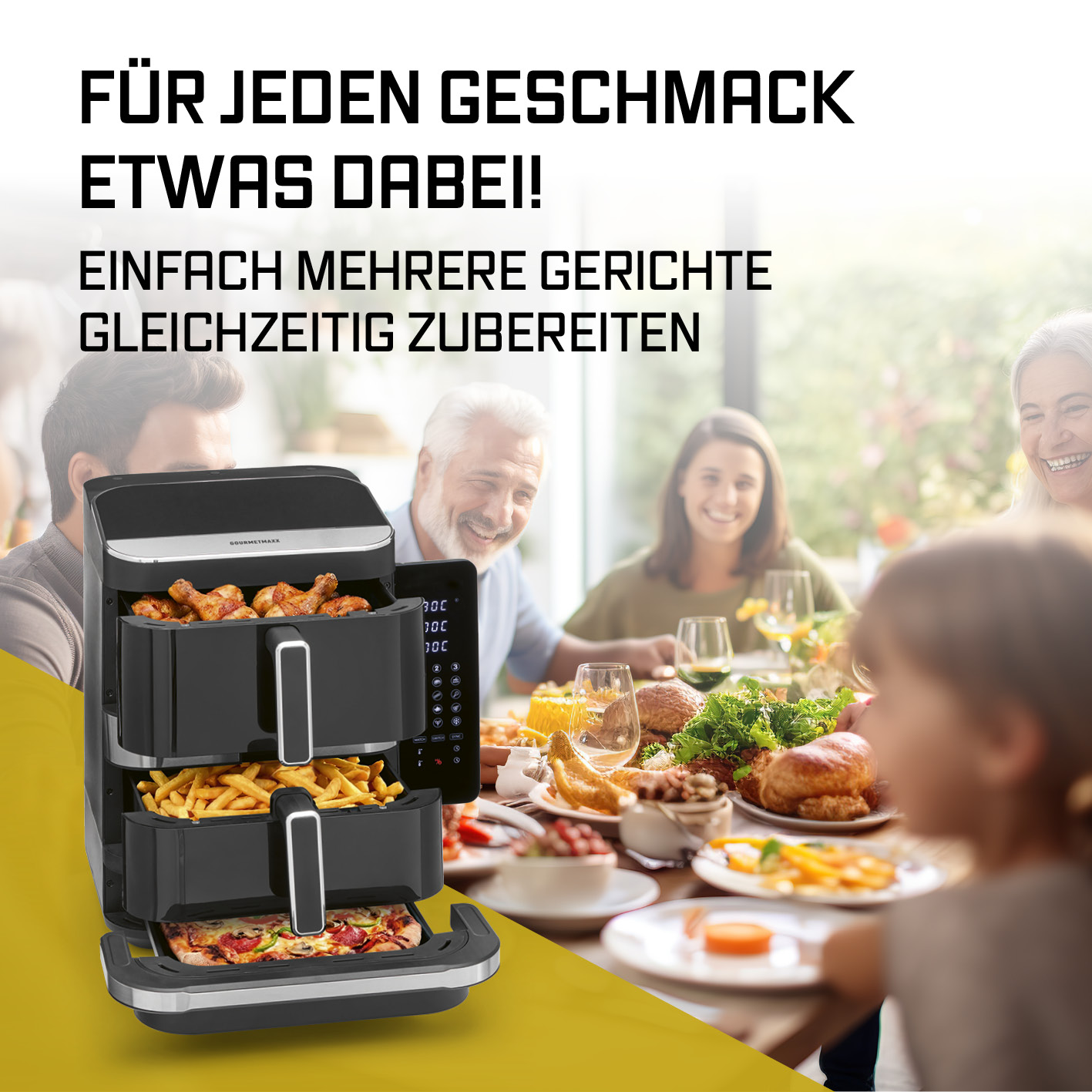 Eine Heißluftfritteuse mit mehreren Ebenen steht vor einer Familie am Tisch, mit Text oben.
