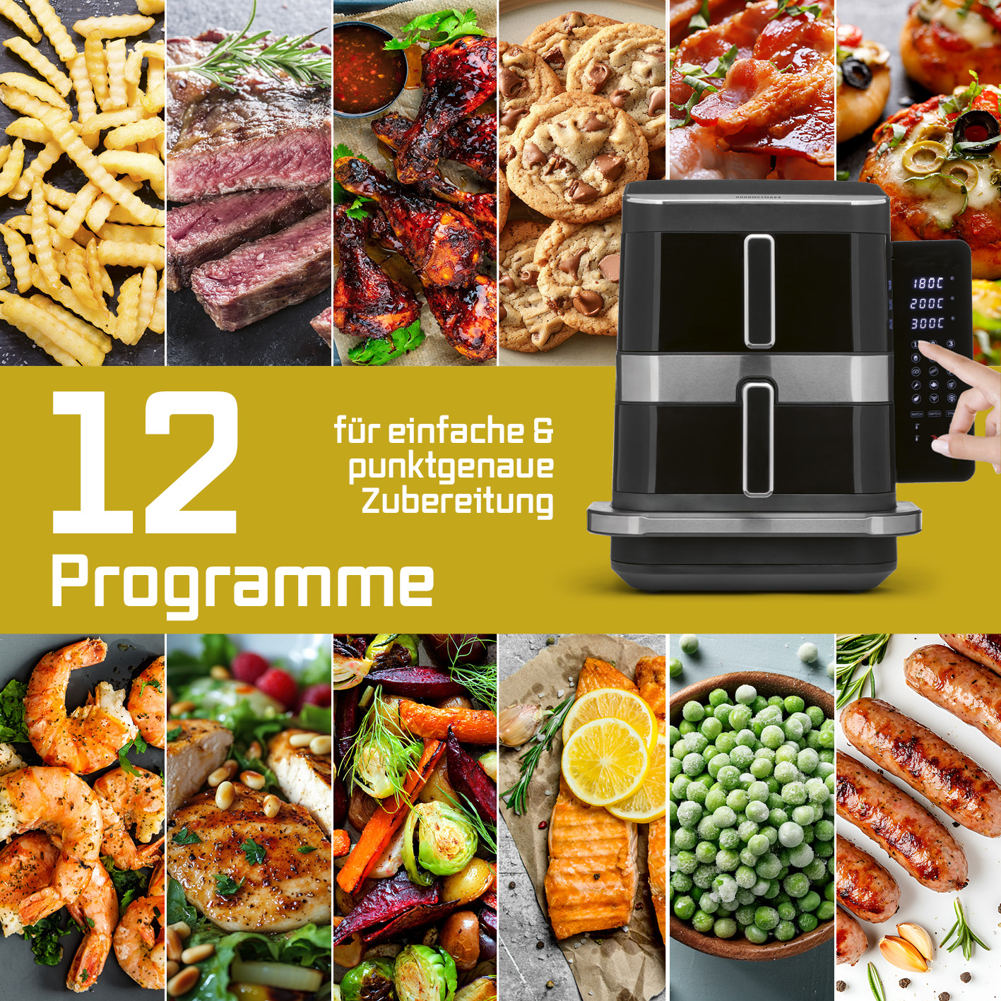 Eine Heißluftfritteuse umgeben von verschiedenen zubereiteten Lebensmitteln und dem Text 12 Programme.