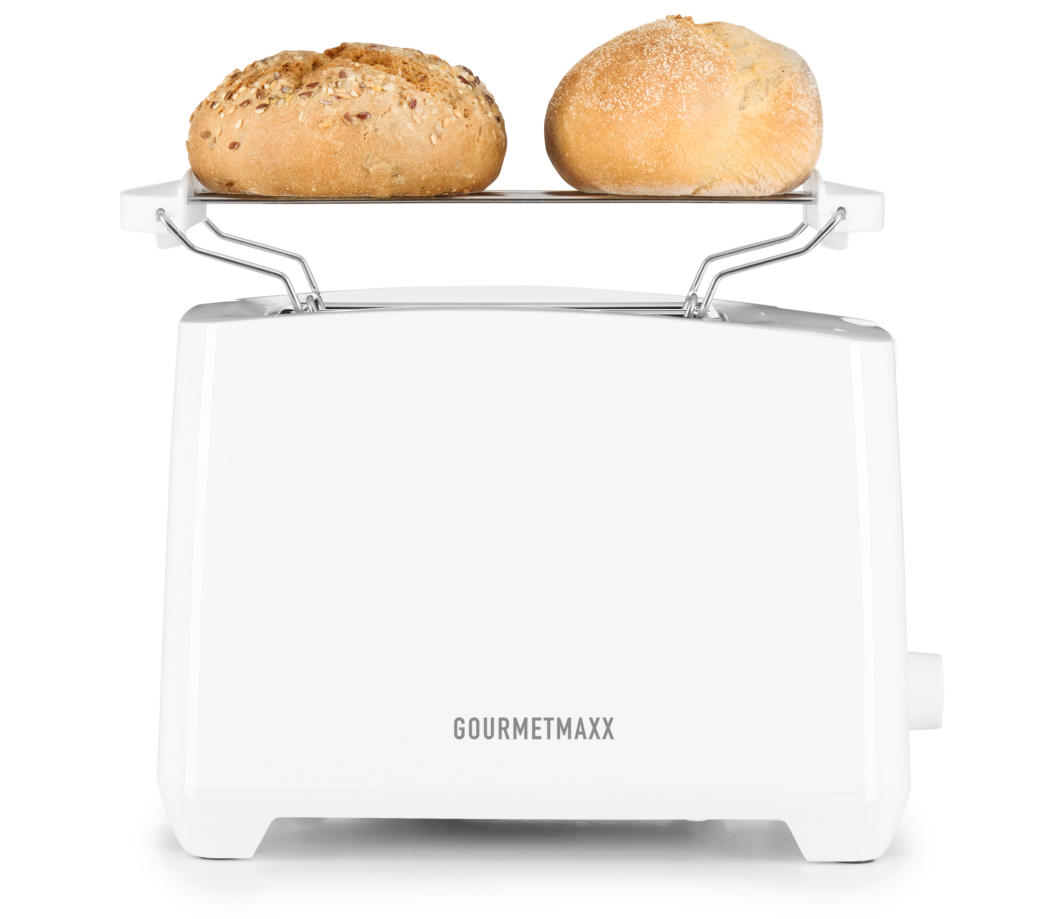 Ein weißer Gourmetmaxx Toaster mit zwei Brötchen auf dem Brötchenaufsatz.
