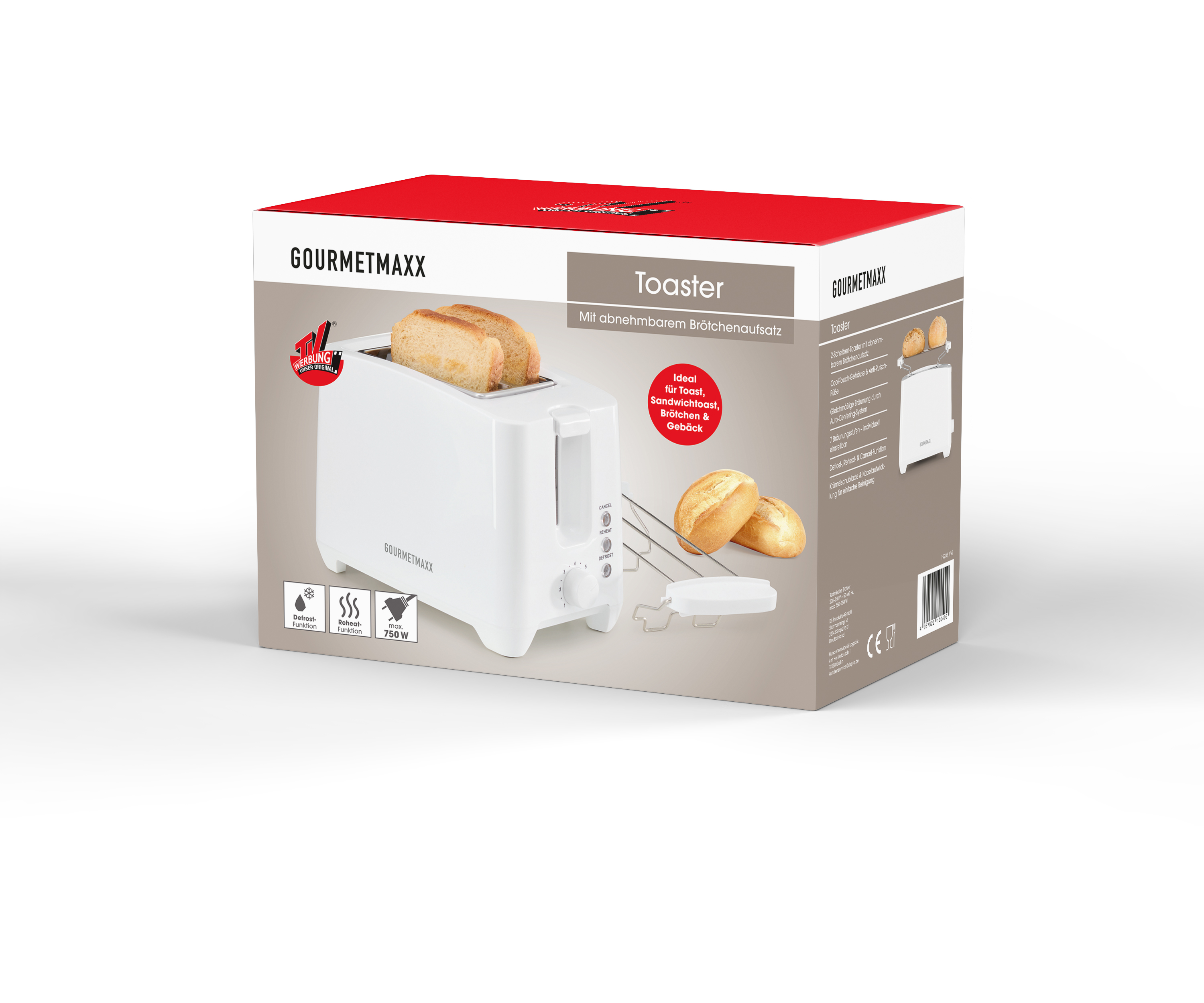 Verpackung eines Gourmetmaxx Toasters mit weißem Gerät, zwei Toastscheiben, Brötchenaufsatz und Produktinformationen.