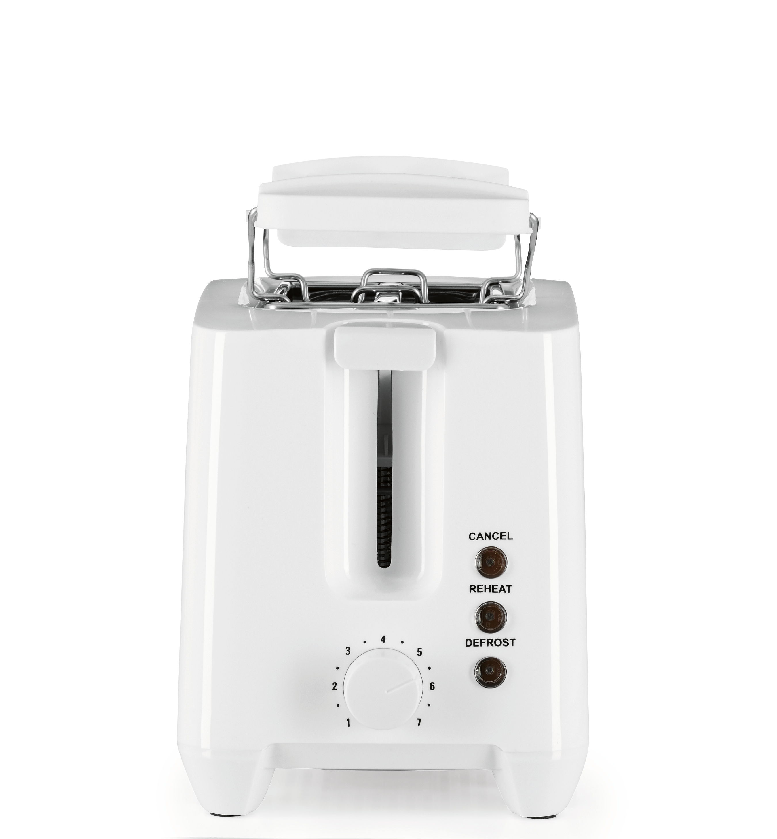 Ein weißer Toaster mit Drehregler und Tasten für Abbrechen, Aufwärmen und Auftauen auf weißem Hintergrund.