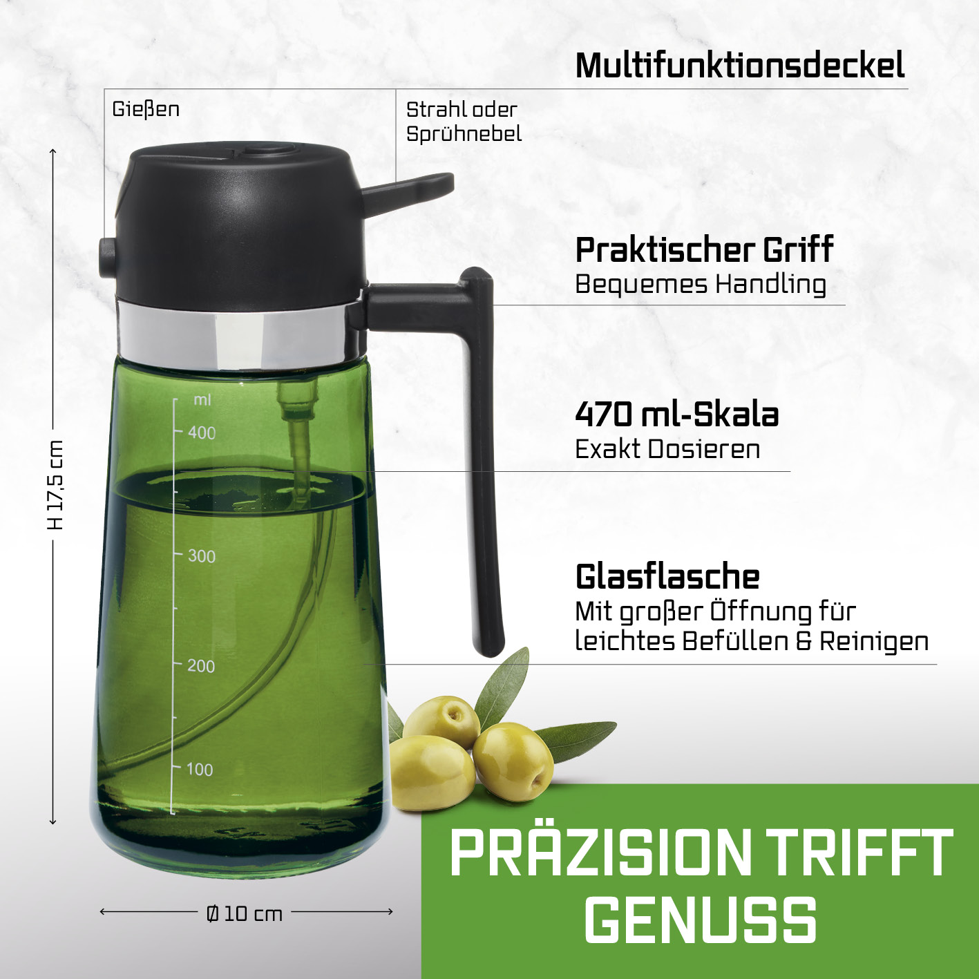 Grüne Glasflasche mit schwarzem Griff, Maßen und Texten in deutscher Sprache auf hellem Hintergrund.