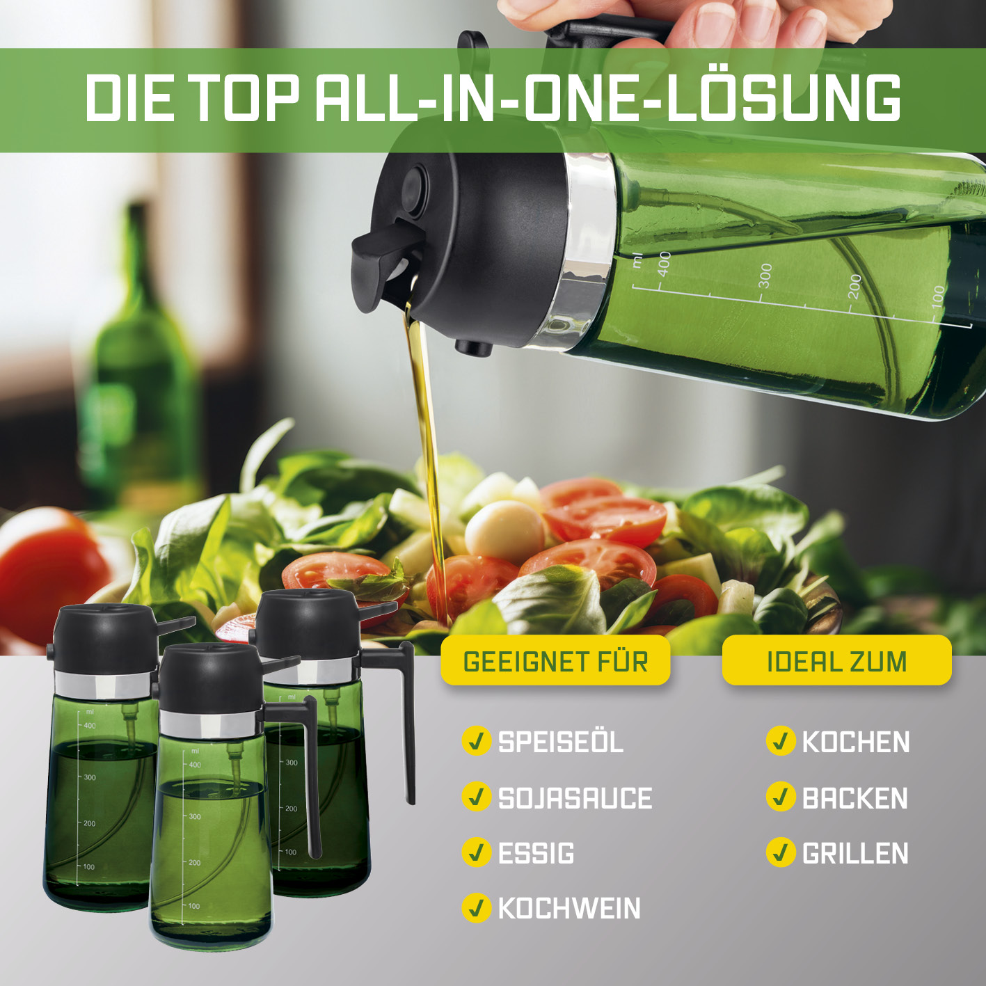 Grüne Oelflasche giesst Oel auf Salat, mit Text für Kueche.