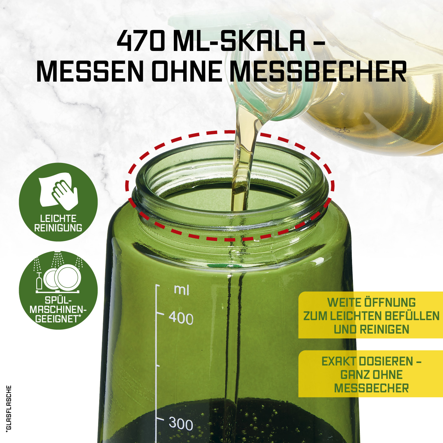 Öl wird in eine grüne Glasflasche mit Millimeterskala gegossen, mit deutschem Werbetext und Symbolen.