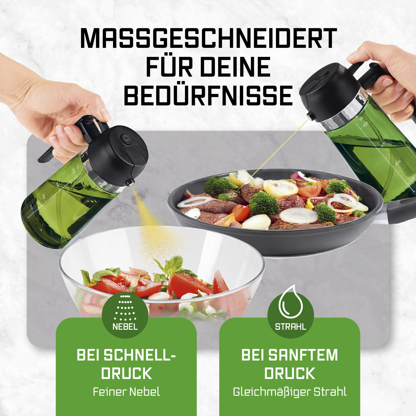 Zwei Hände halten Ölsprühflaschen, die Öl als Nebel in eine Schüssel und als Strahl in eine Pfanne sprühen.