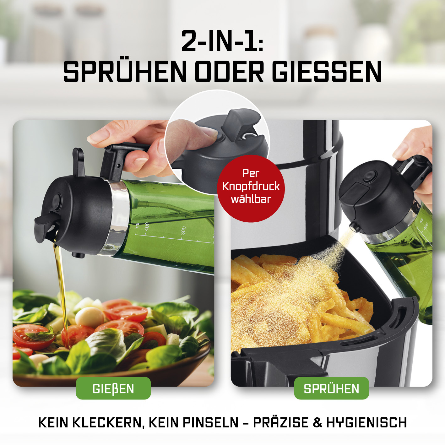 Ölspender mit 2-in-1 Funktion zum Gießen von Salat oder Sprühen von Pommes.