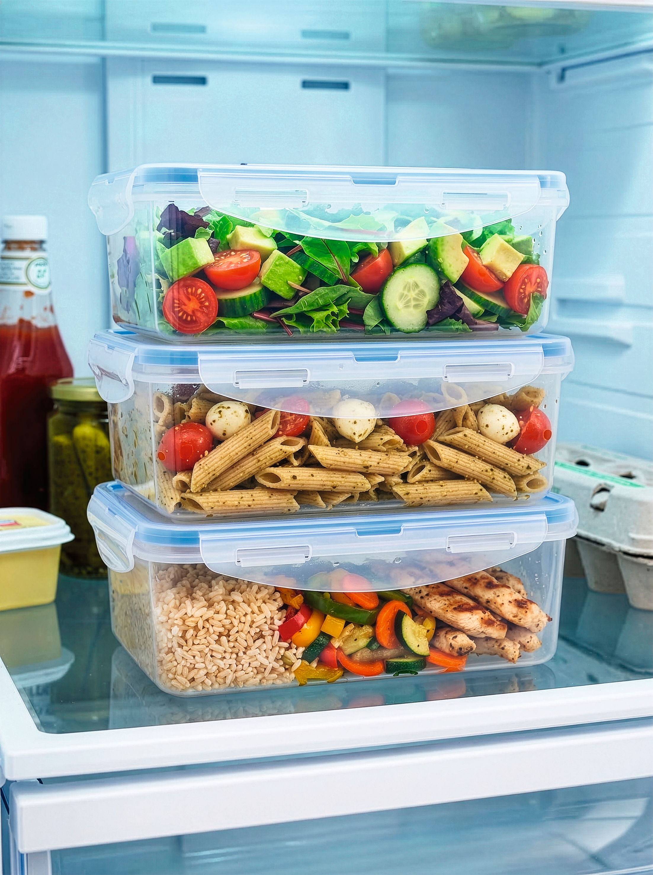 Drei übereinandergestapelte Plastikbehälter mit Salat, Nudeln und Reis mit Hähnchen im Kühlschrank.