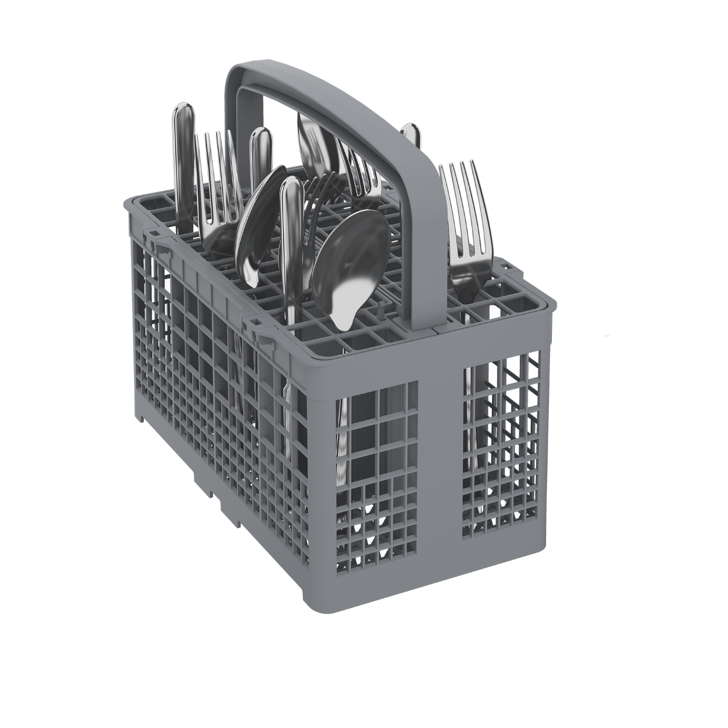 Cesta para cubiertos gris llena de tenedores, cucharas y cuchillos plateados sobre fondo negro.