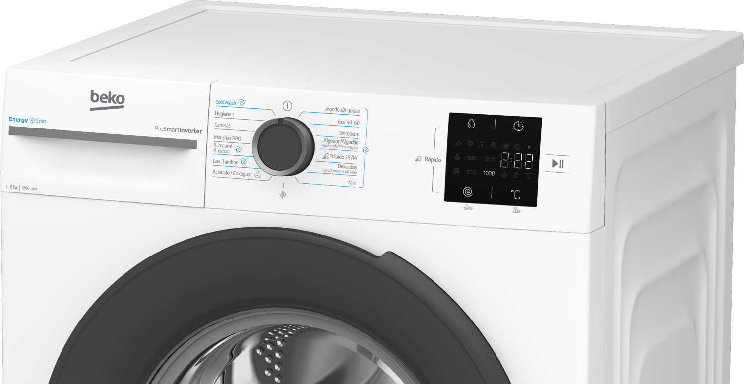 Primer plano de una lavadora blanca Beko con rueda de programas negra y pantalla digital.