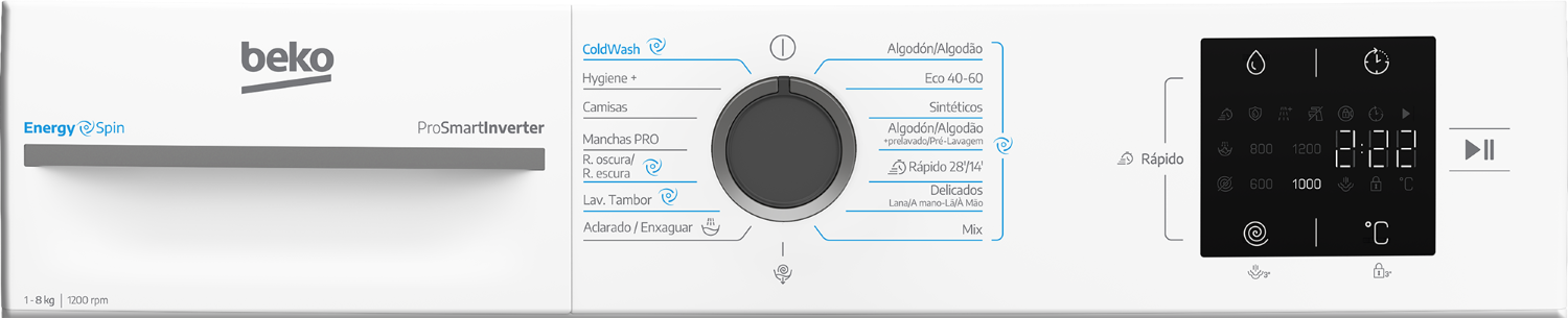 Panel de control de una lavadora Beko con selector de programas, pantalla y botones.