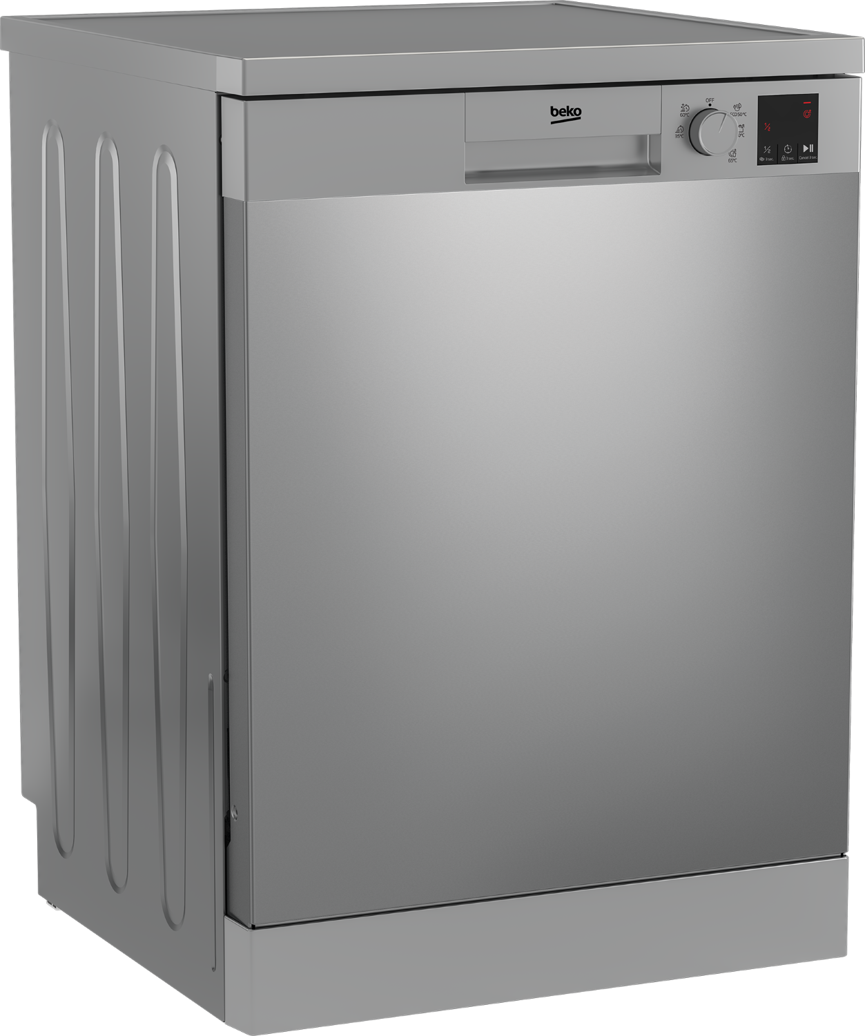 Lavavajillas Beko plateado de libre instalación con panel frontal y pantalla digital.