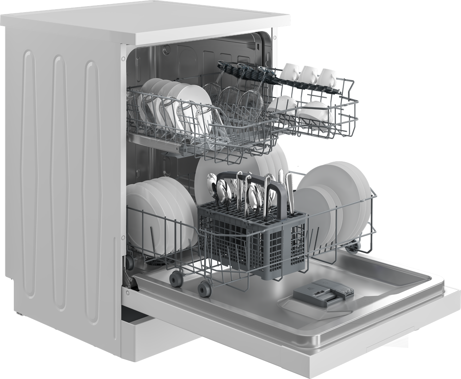 Un lavavajillas blanco con la puerta abierta, cargado de platos, cuencos, tazas, copas y un cesto de cubiertos.