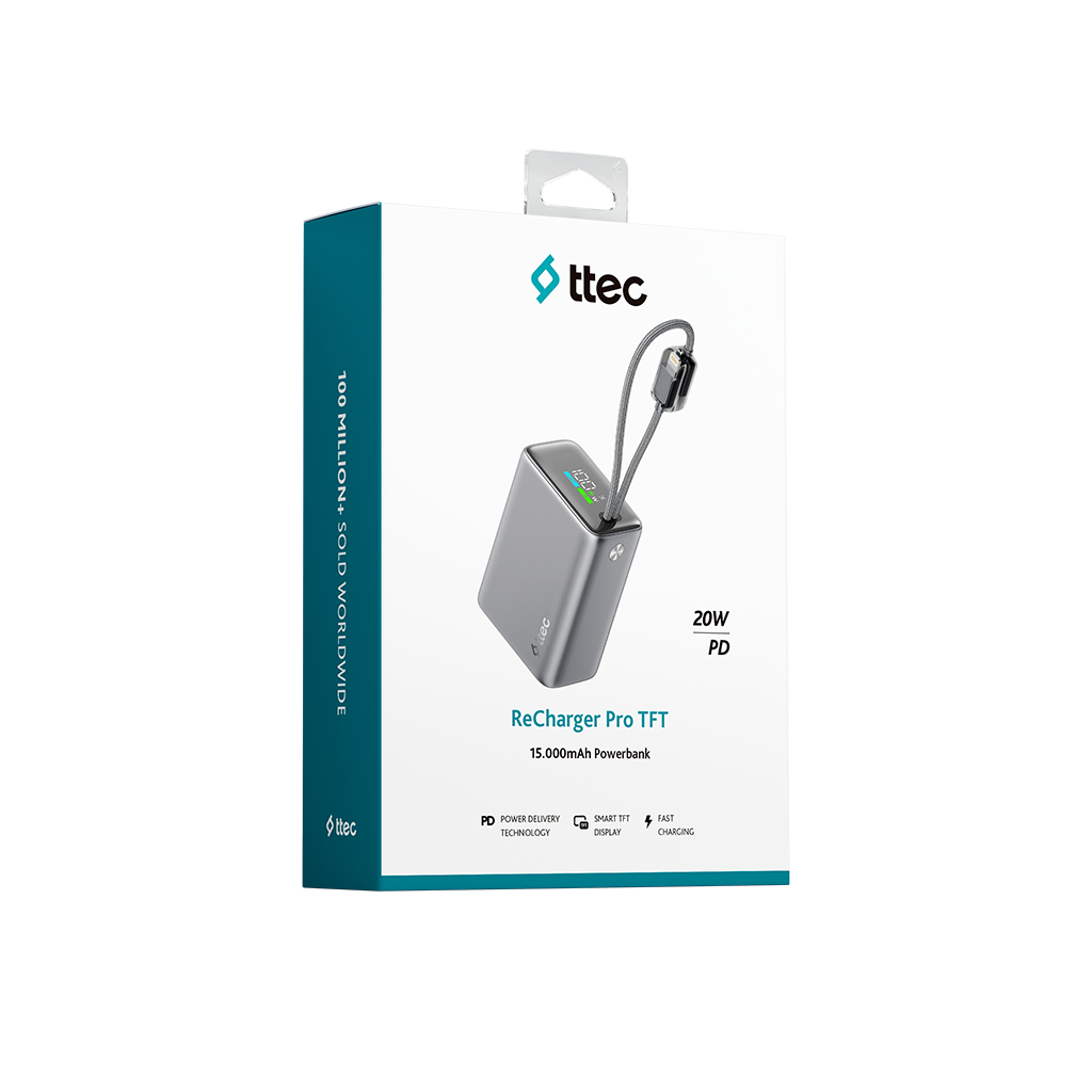 Cihazın görselini içeren beyaz ve turkuaz renkli ttec ReCharger Pro TFT powerbank ürün kutusu.